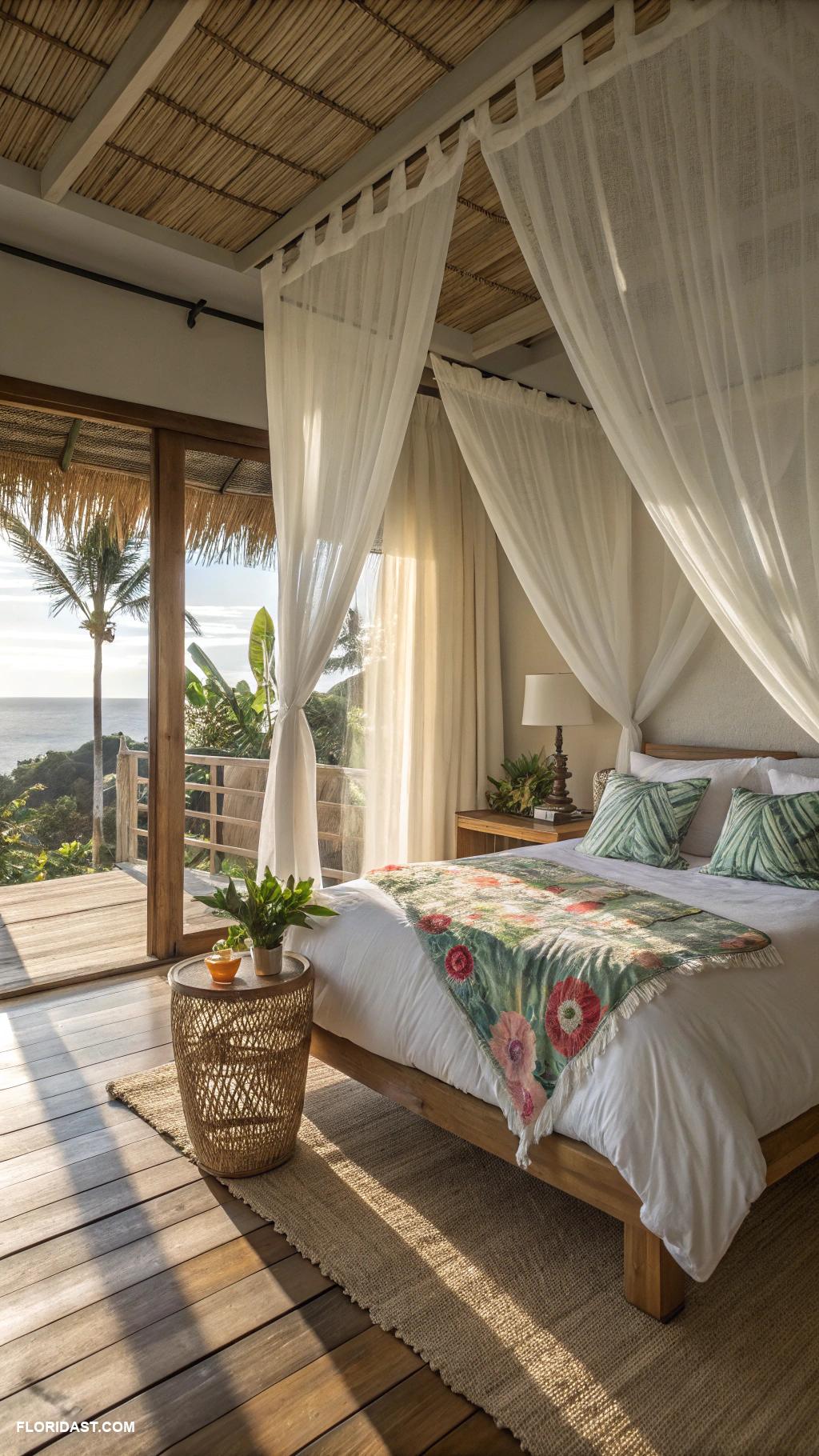 island bedroom ideas Light linen curtains for airy feel