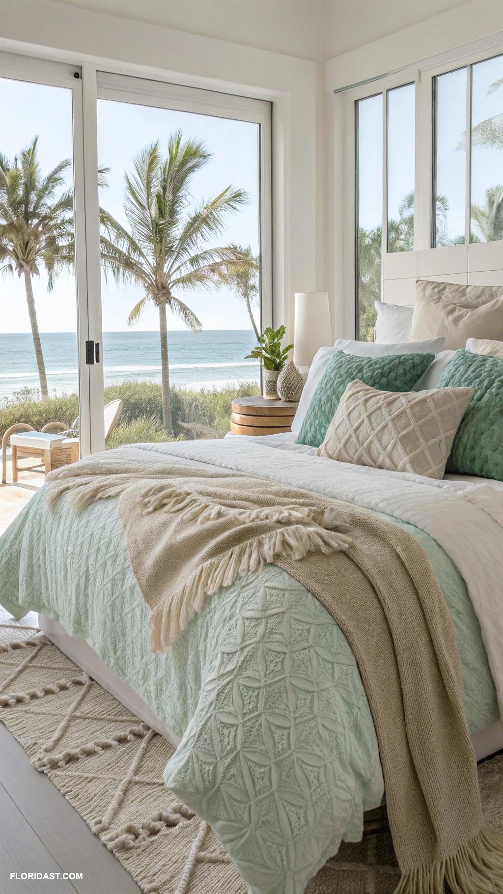 modern coastal bedrooms Beachy linens and textured pillows