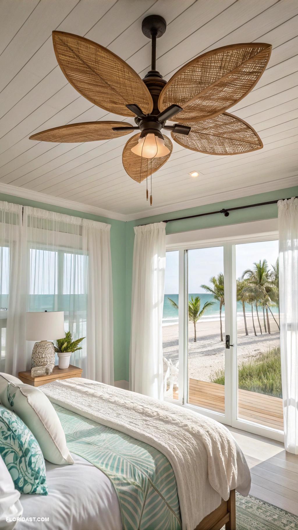modern coastal bedrooms Palm leaf ceiling fans for style