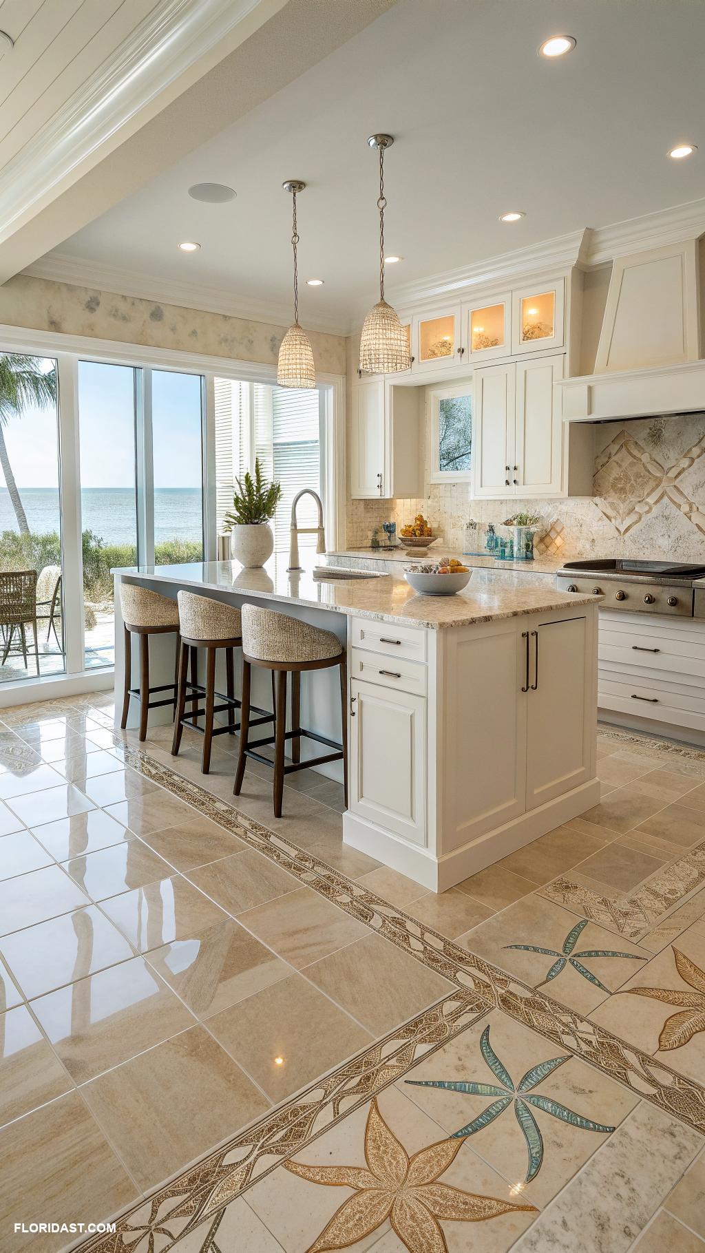 modern coastal kitchens Bright tile floors that mimic sandy beaches