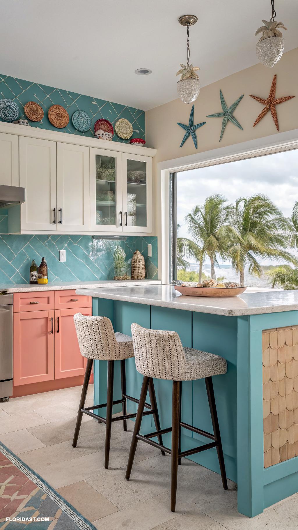 modern coastal kitchens Colorful cabinets with beach themed accents