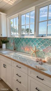 modern coastal kitchens Glass backsplash reflecting sunlight beautifully