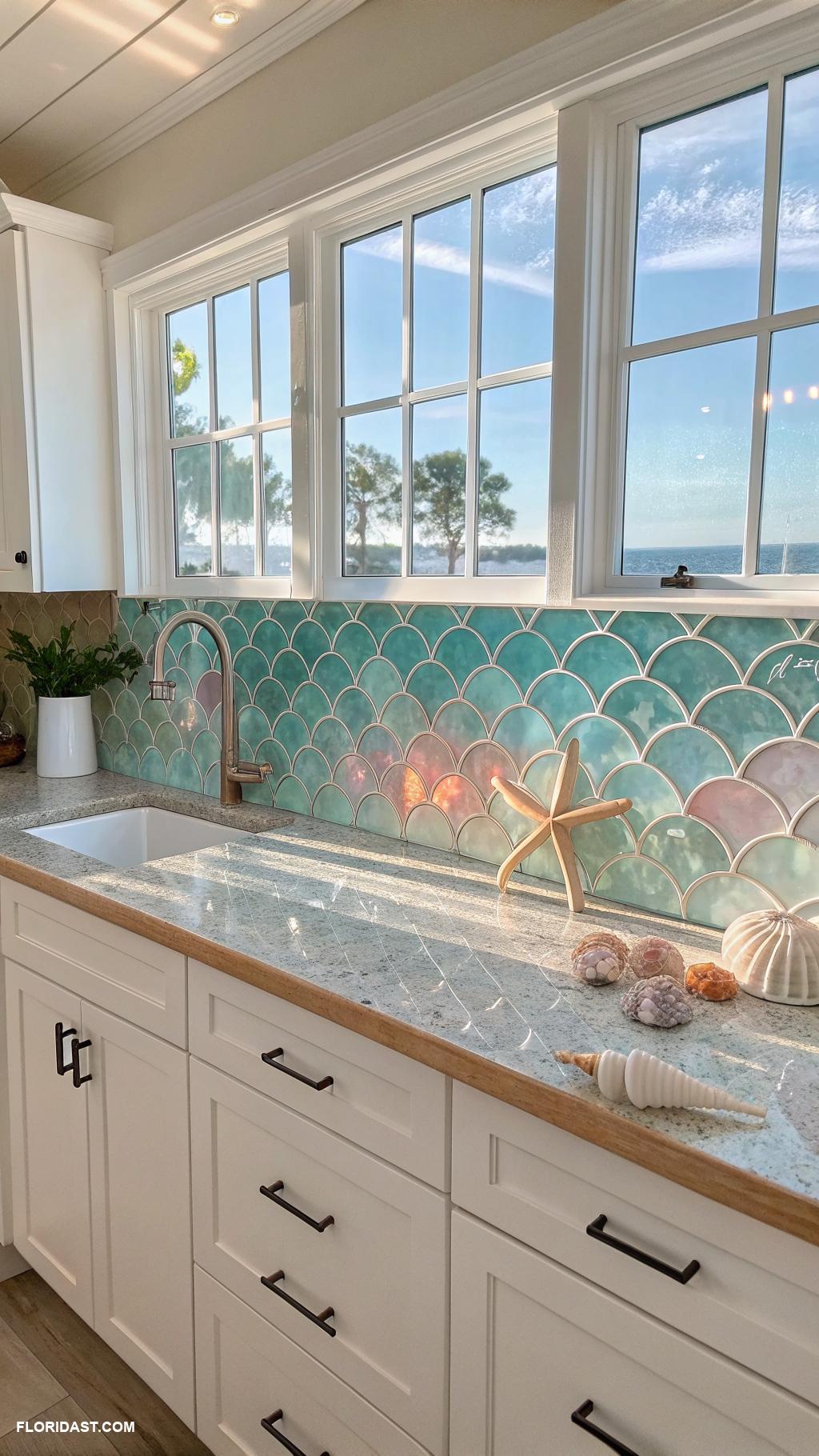 modern coastal kitchens Glass backsplash reflecting sunlight beautifully