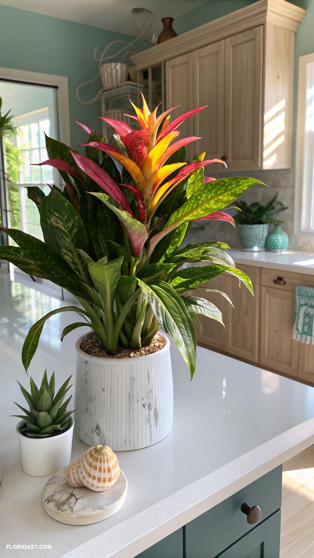 modern coastal kitchens Tropical plants for vibrant pops of color