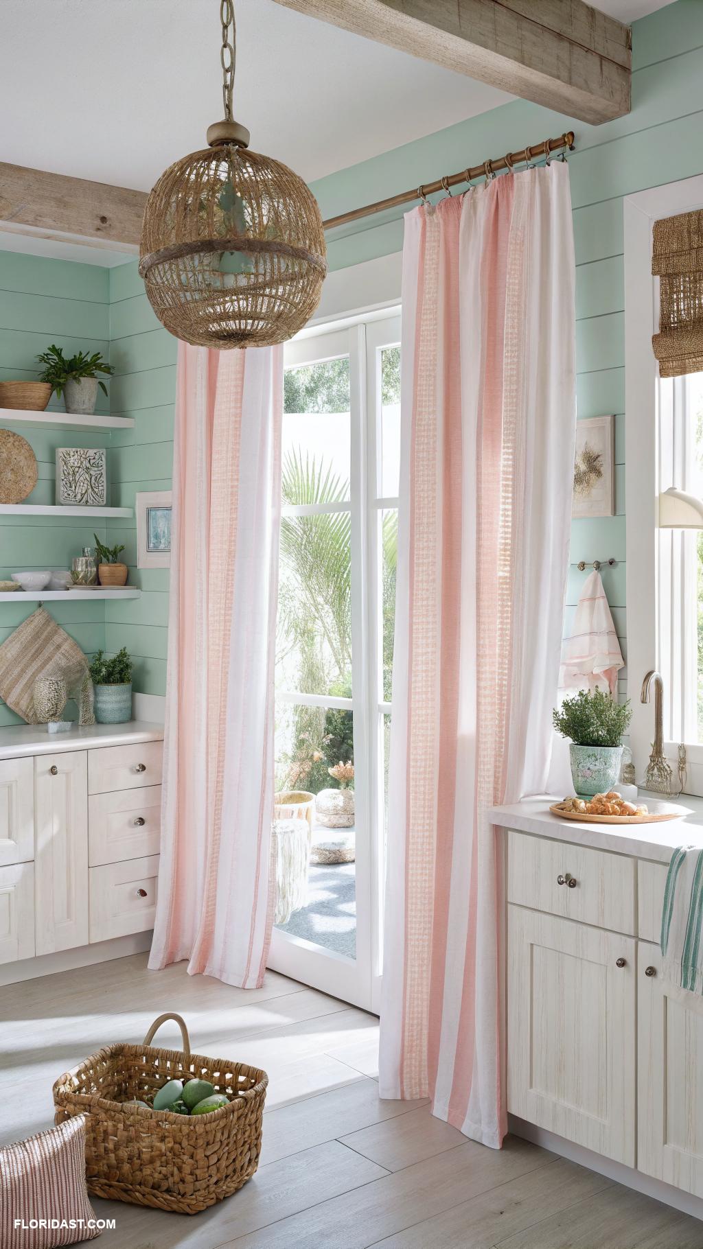 pink coastal kitchen ideas Beachy striped curtains in soft pink hues
