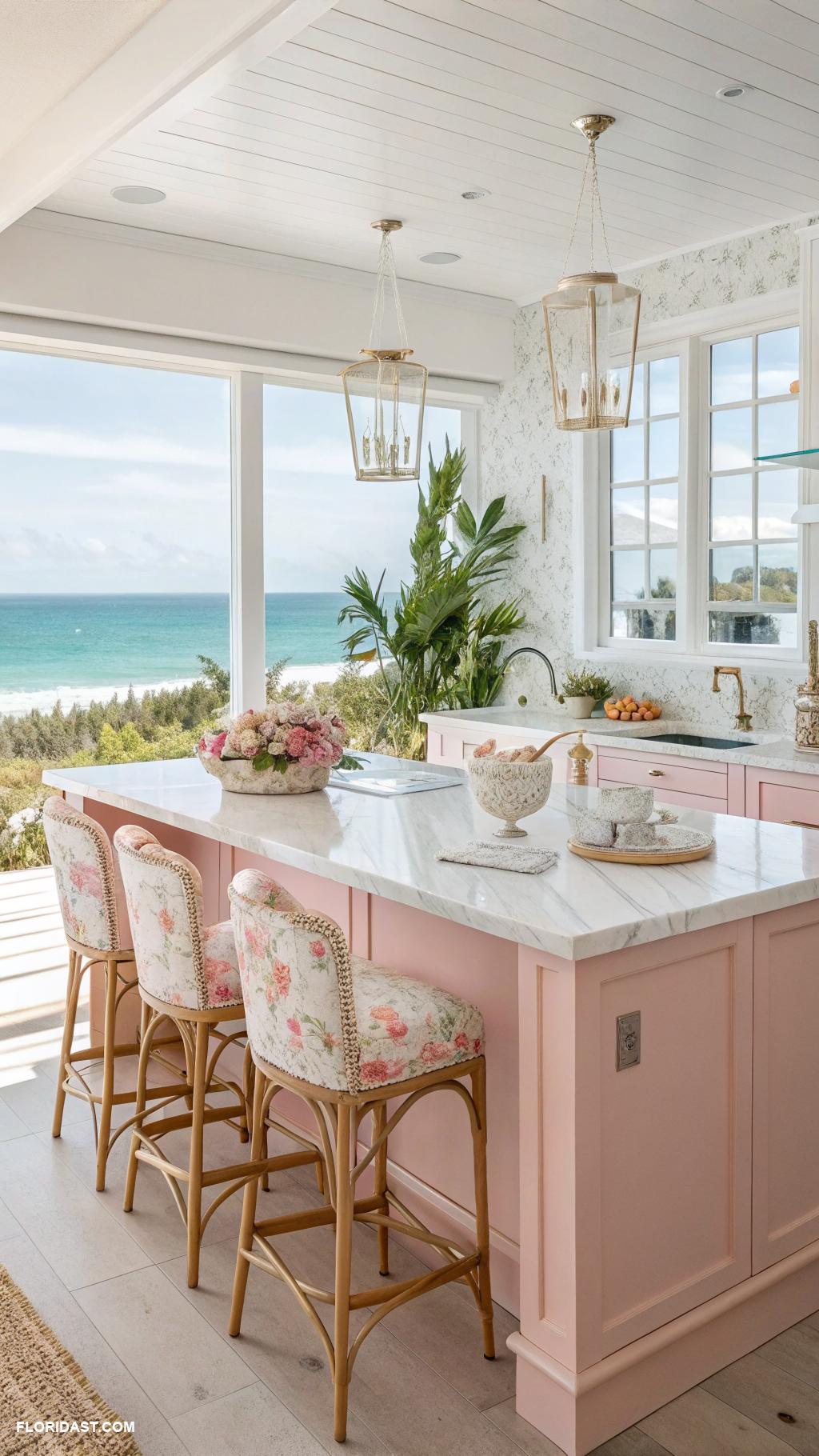 pink coastal kitchen ideas Light pink island with bar stools