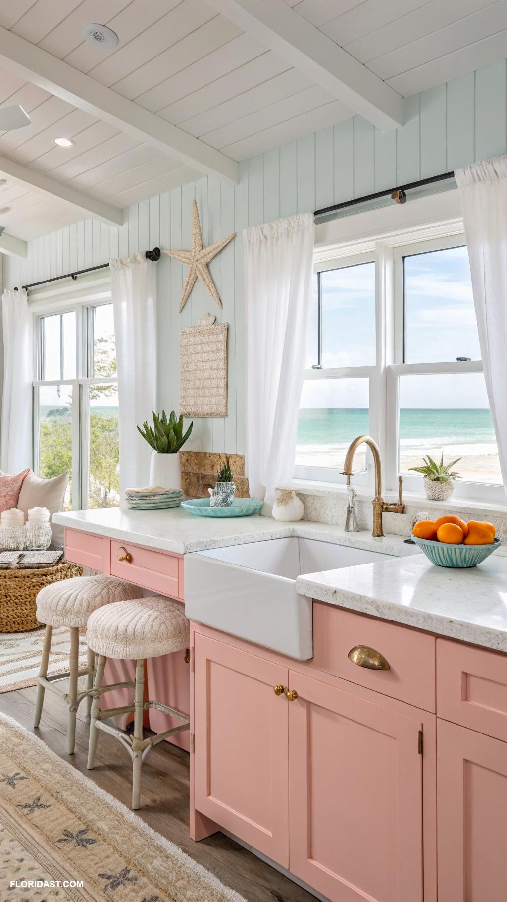 pink coastal kitchen ideas Pastel pink cabinets with white countertops