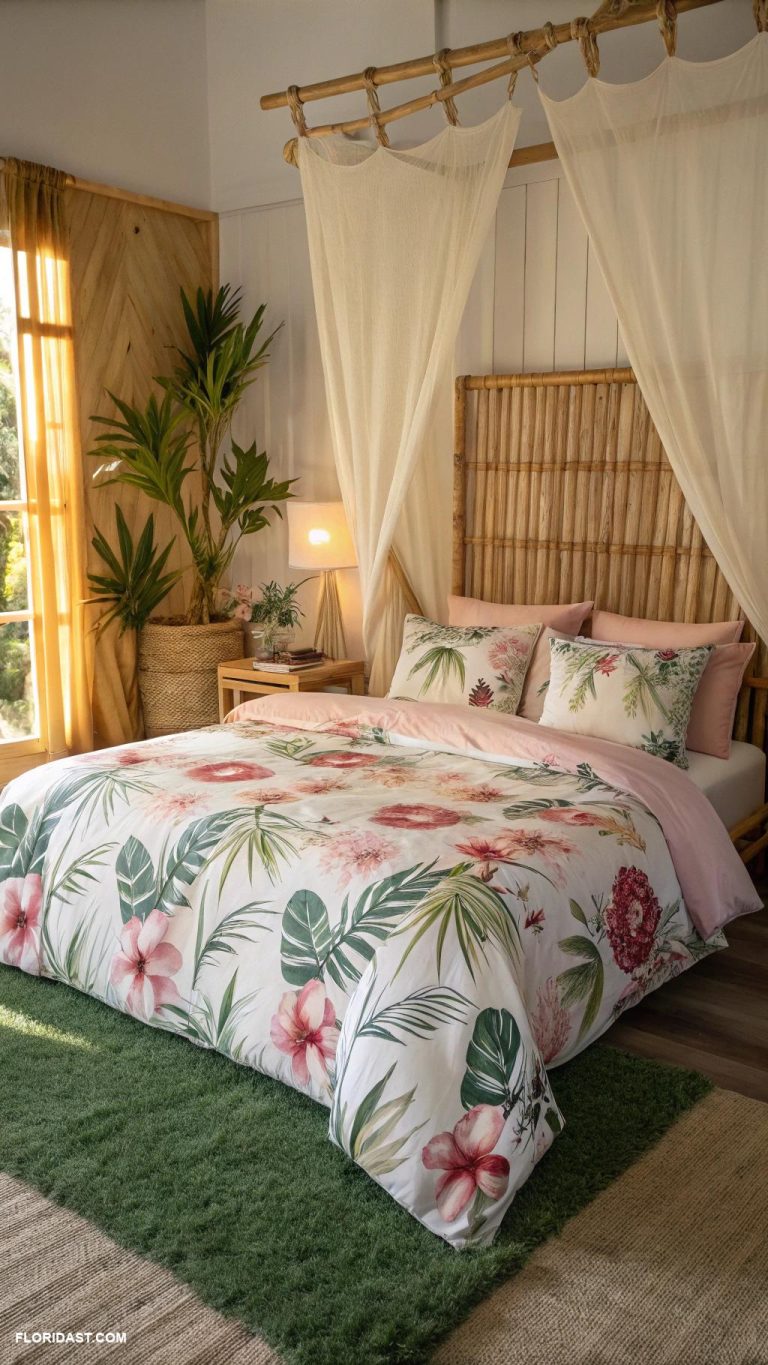 tropical bedding ideas Bamboo accents for a serene atmosphere