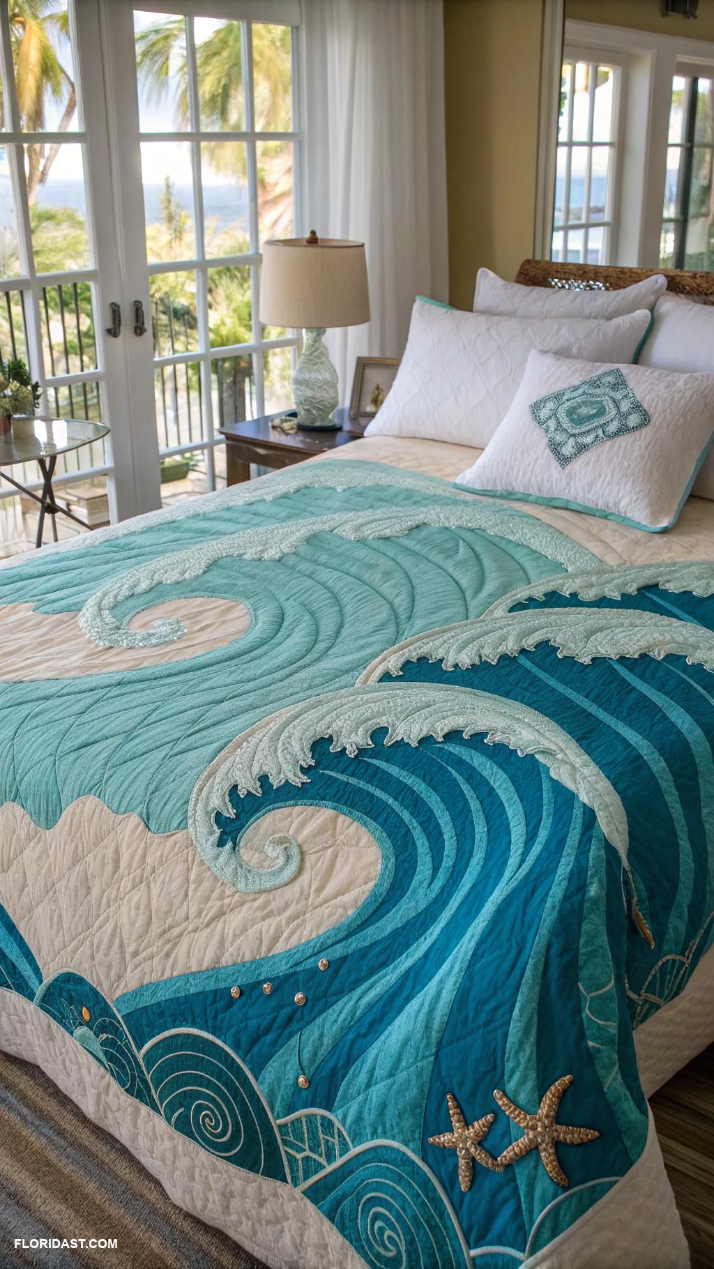 tropical bedding ideas Ocean waves themed quilt for coastal vibes