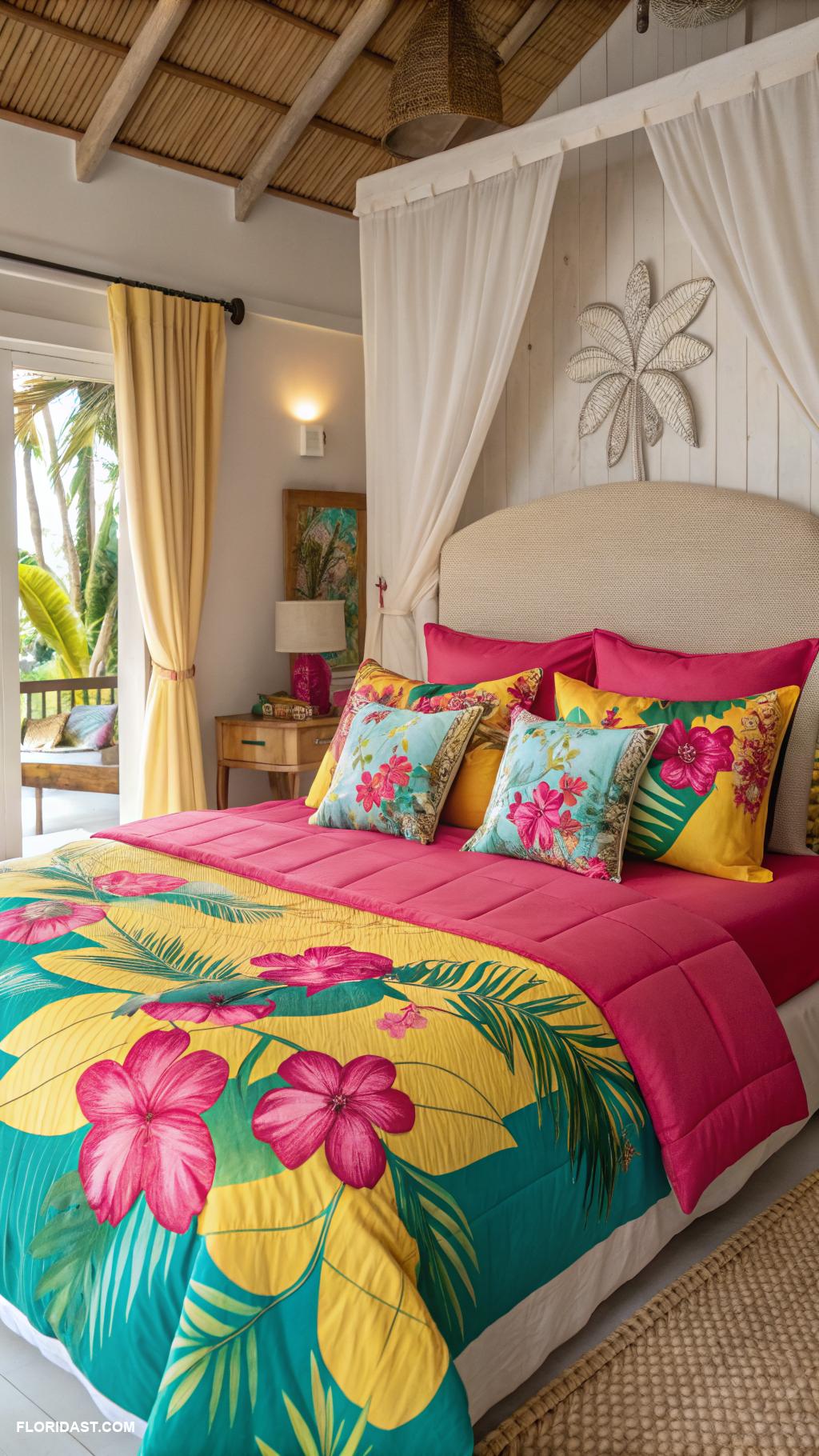 tropical bedrooms Bright colorful linens with floral patterns