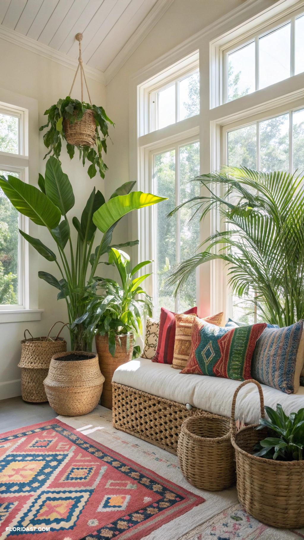 tropical boho living room ideas Bright tropical plants in woven baskets