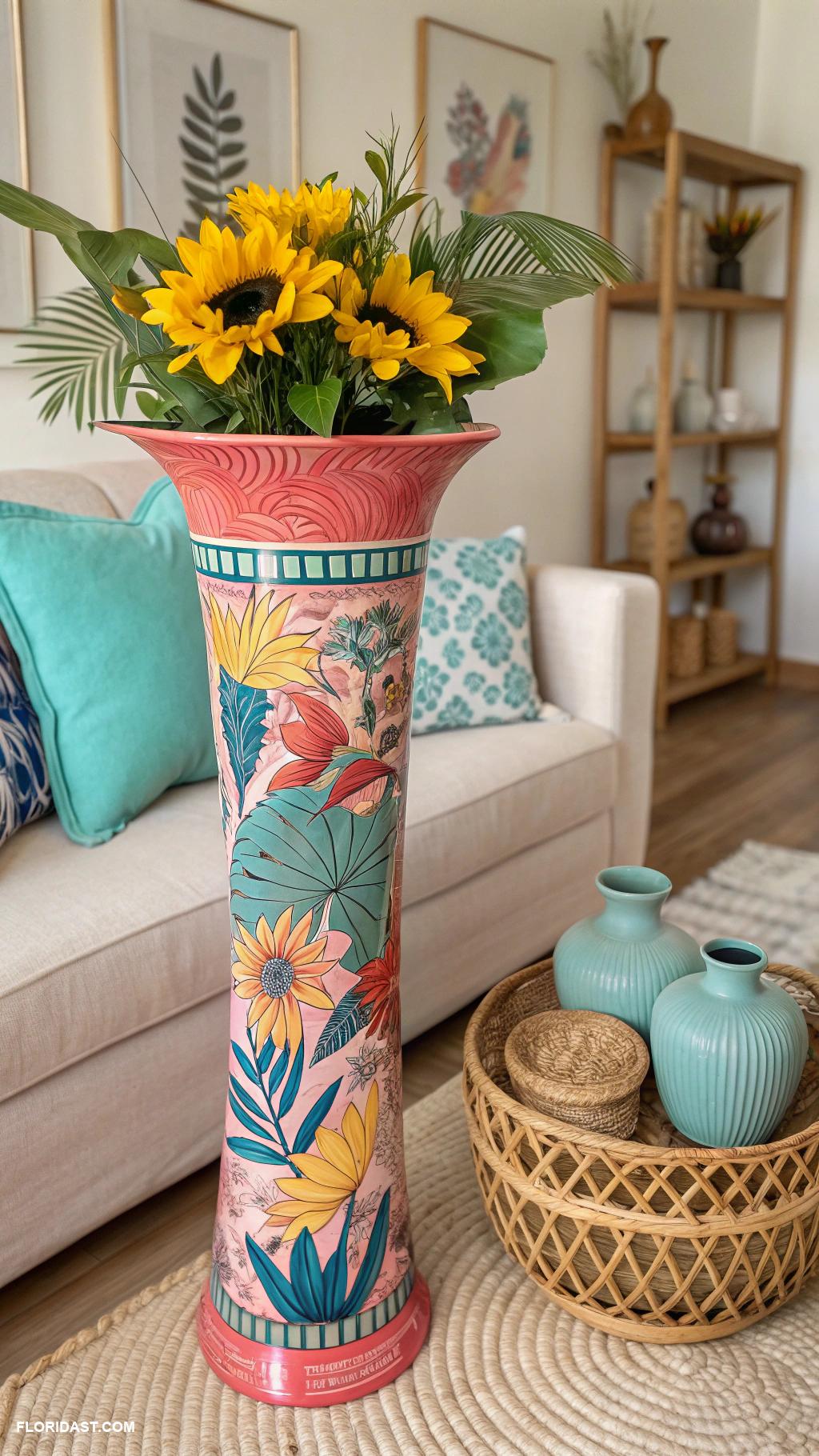 tropical boho living room ideas Colorful ceramic decor pieces