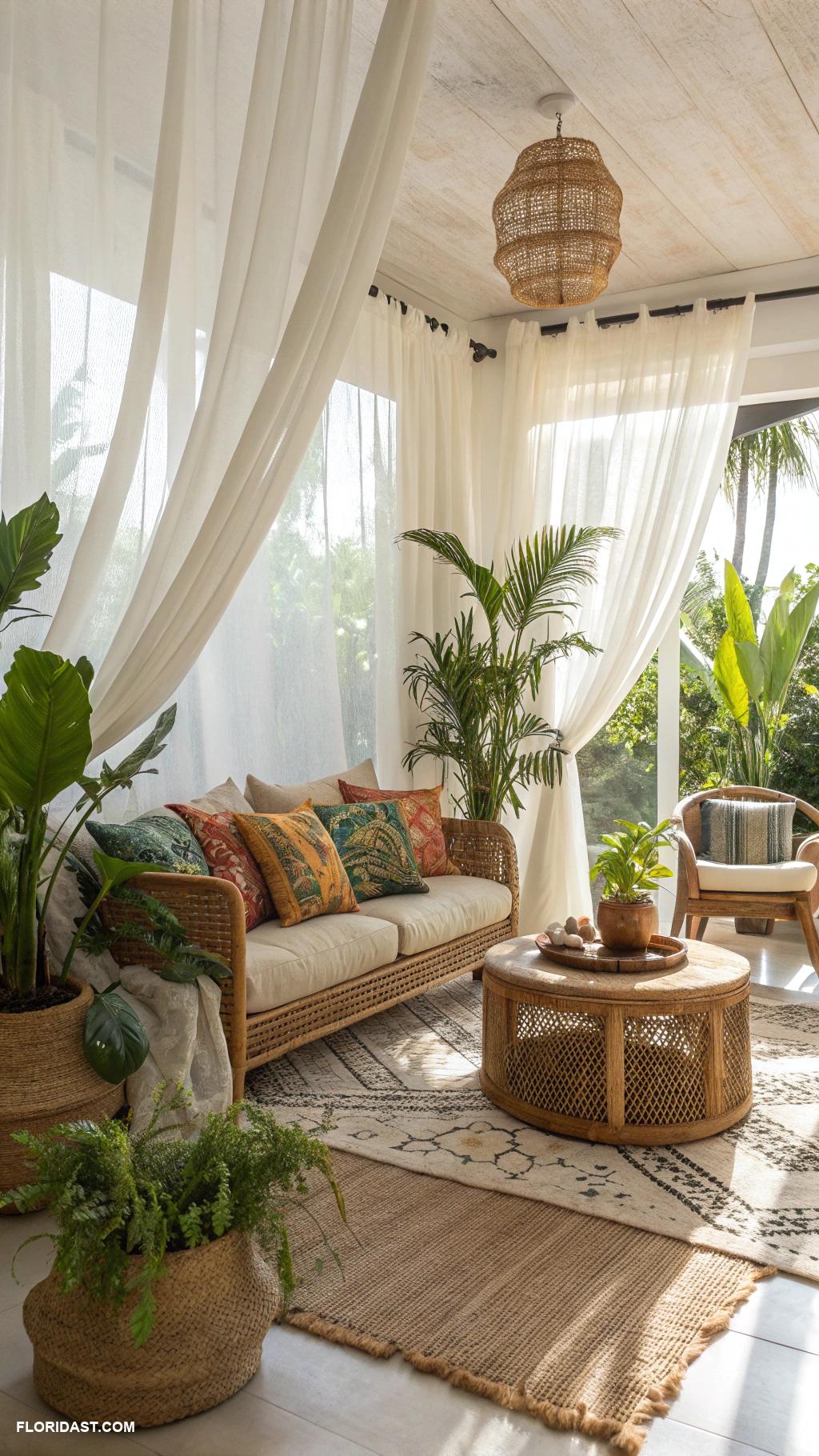tropical boho living room ideas Light linen curtains for airy feel