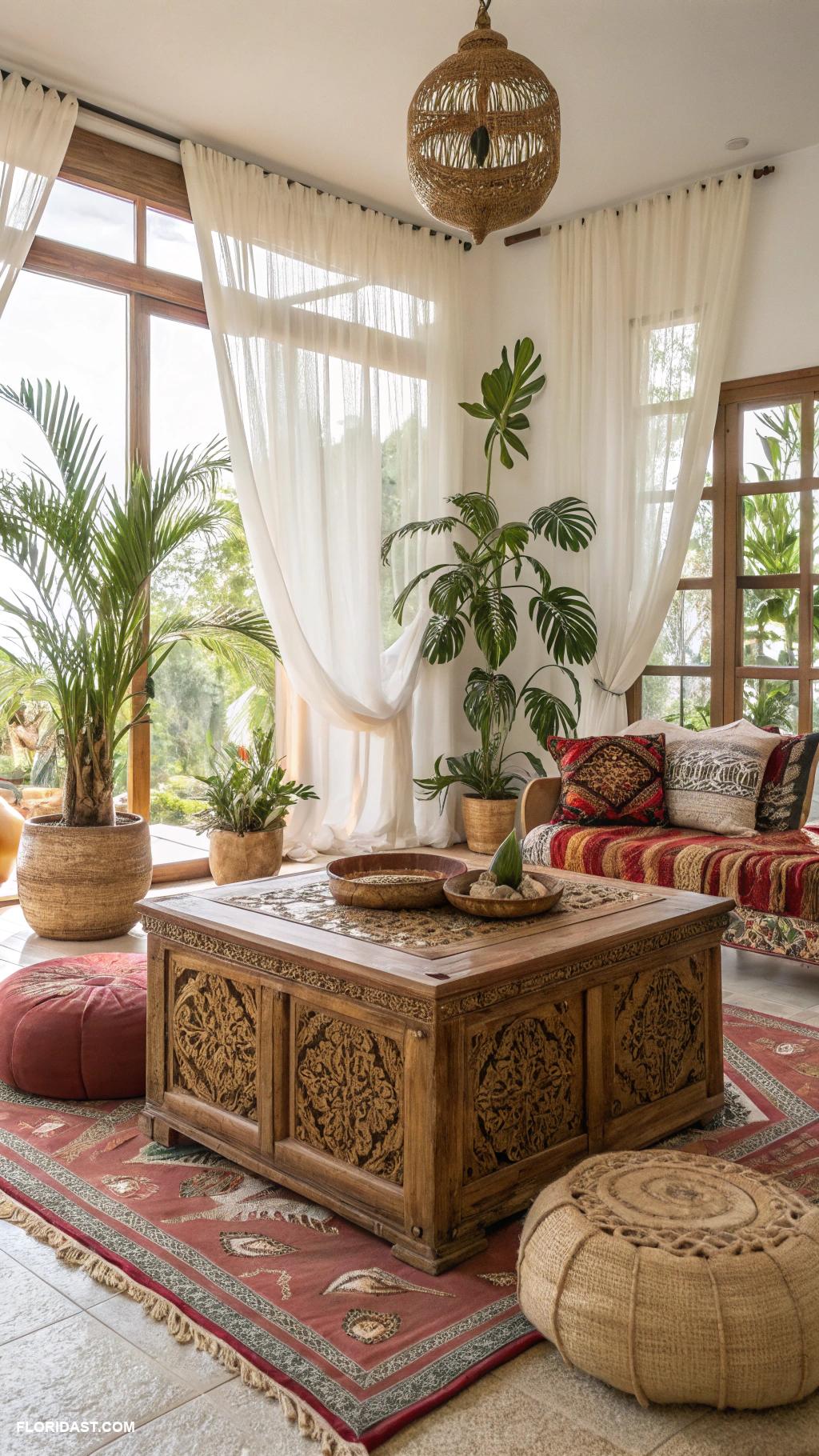 tropical boho living room ideas Natural wood furniture with boho designs