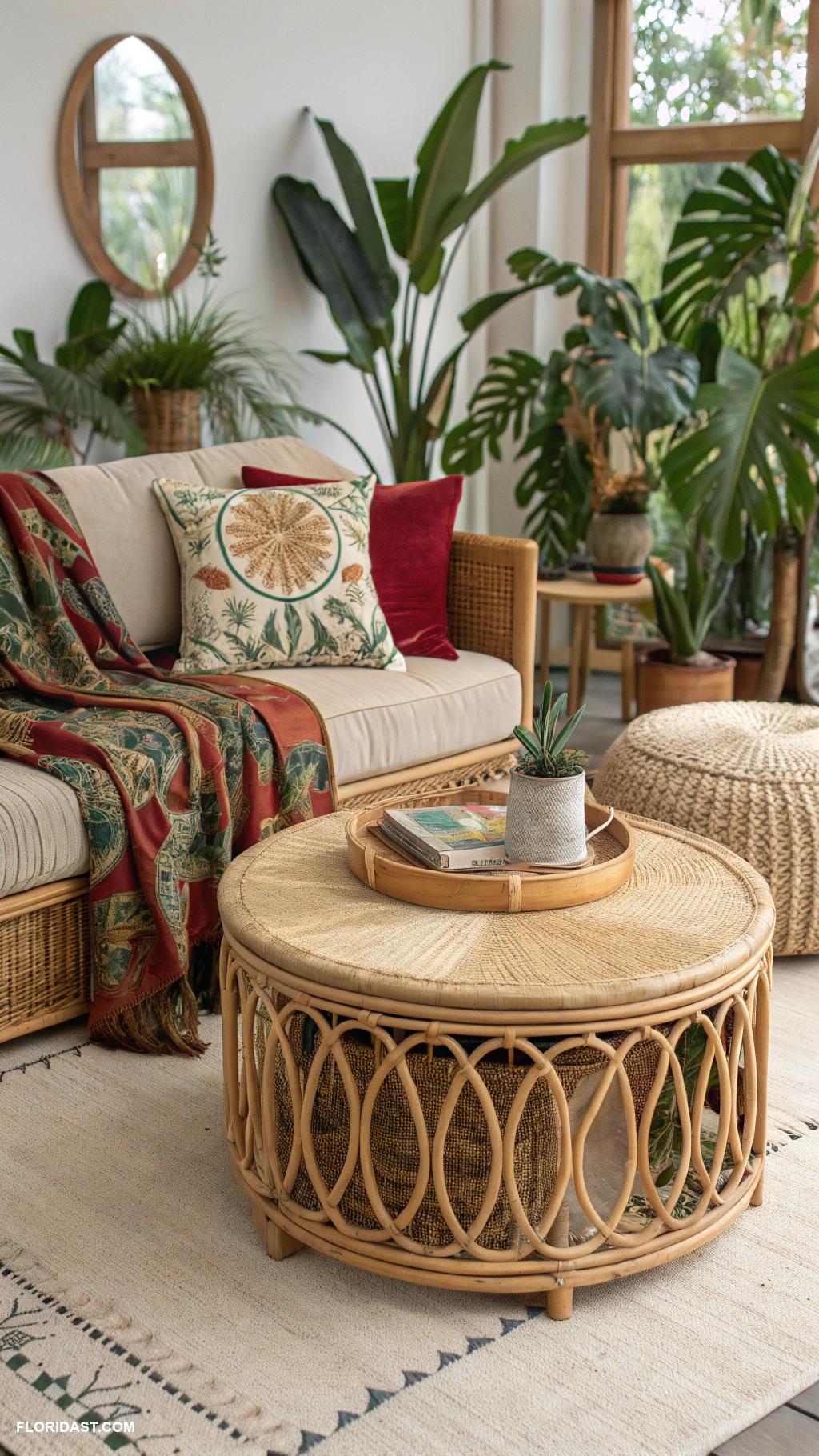 tropical boho living room ideas Rattan coffee table for bohemian charm
