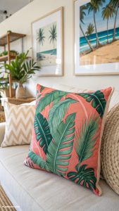 tropical boho living room ideas Vibrant throw pillows with palm prints