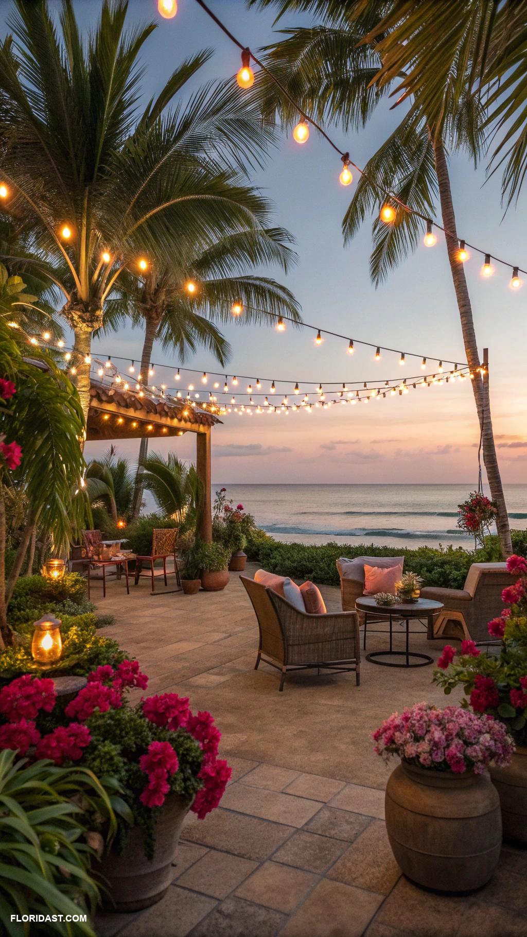 tropical patio ideas Bistro lights to enhance evening setting