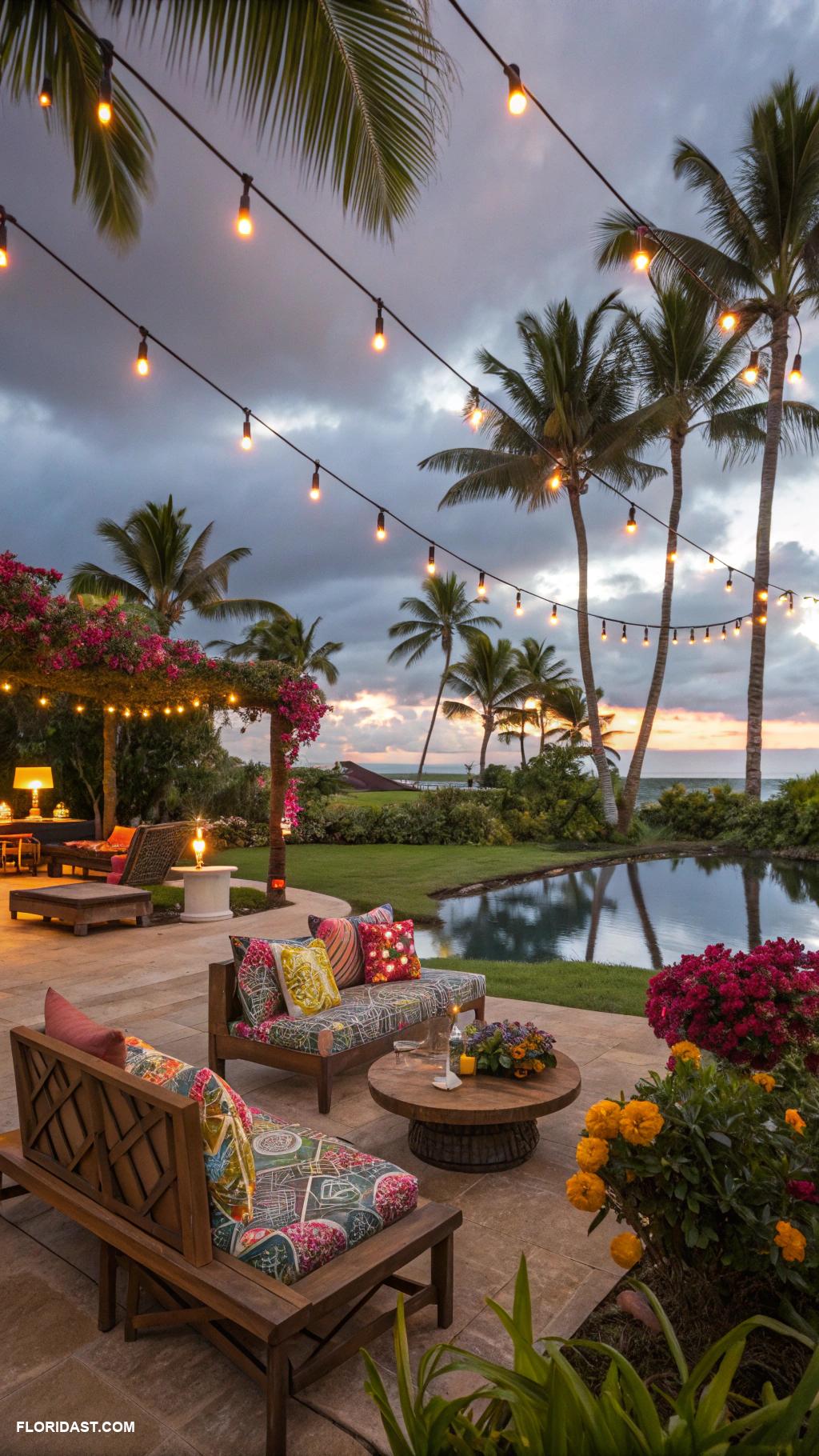 tropical patio ideas Colorful string lights for evening ambiance