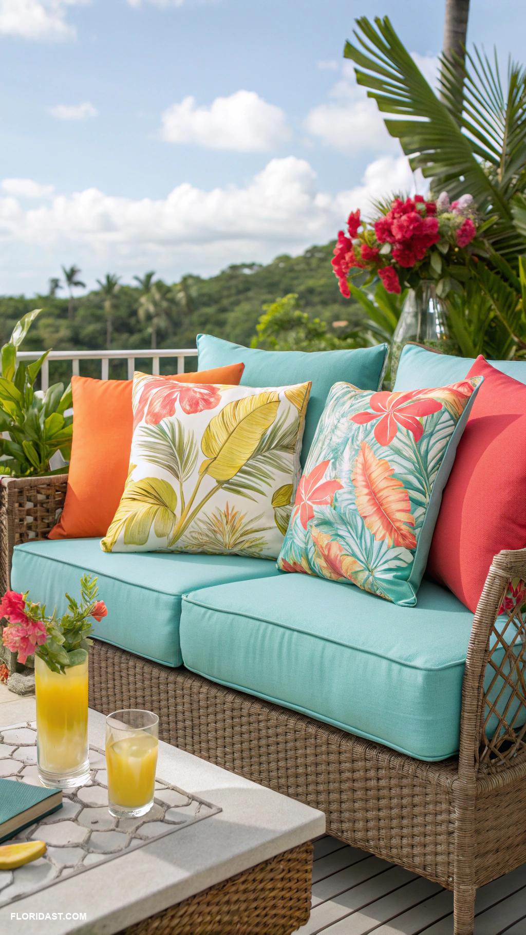 tropical patio ideas Vibrant outdoor cushions for cozy seating