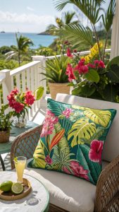 tropical porch ideas Colorful outdoor cushions with tropical prints