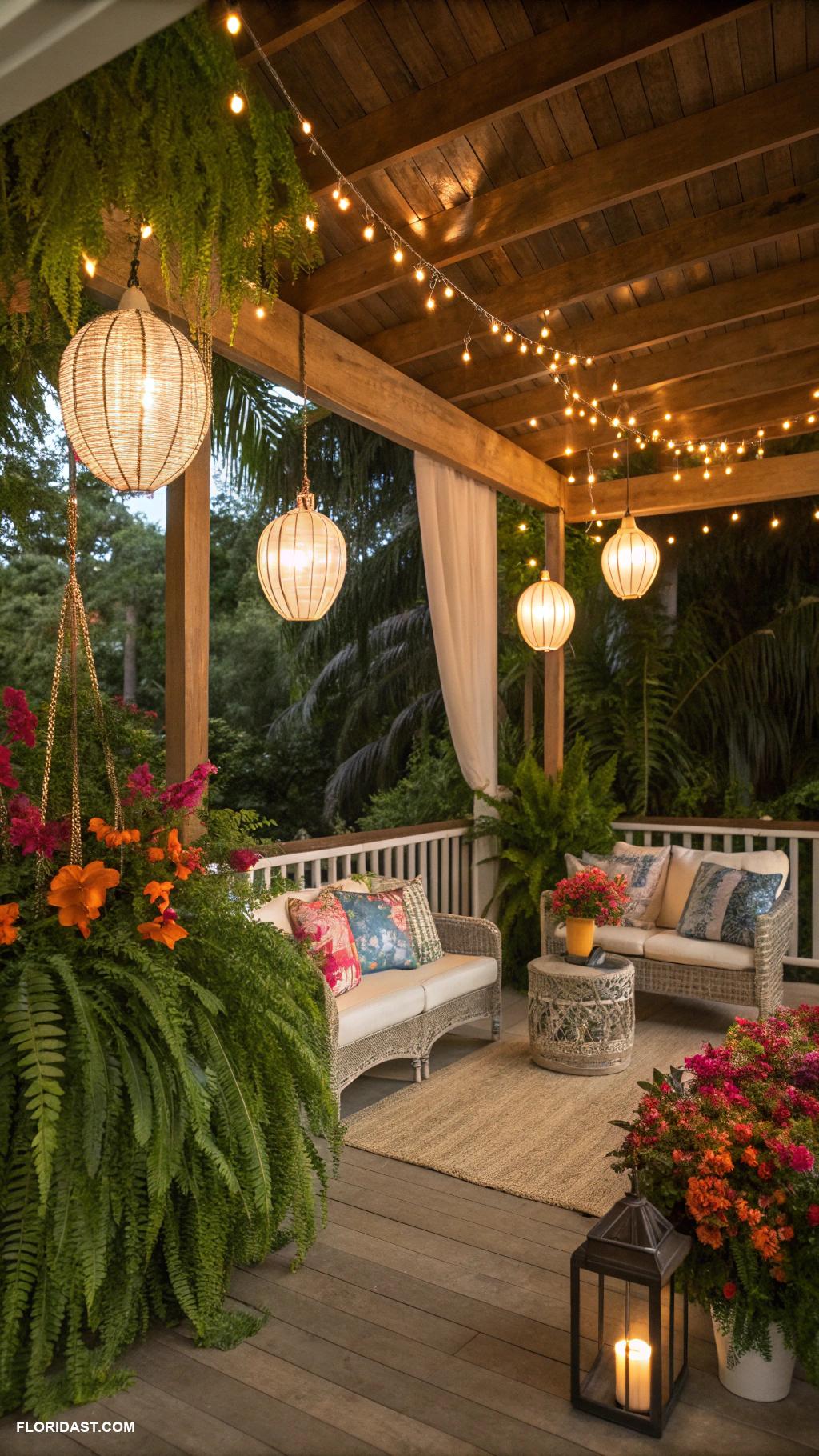 tropical porch ideas Hanging lights for evening ambiance