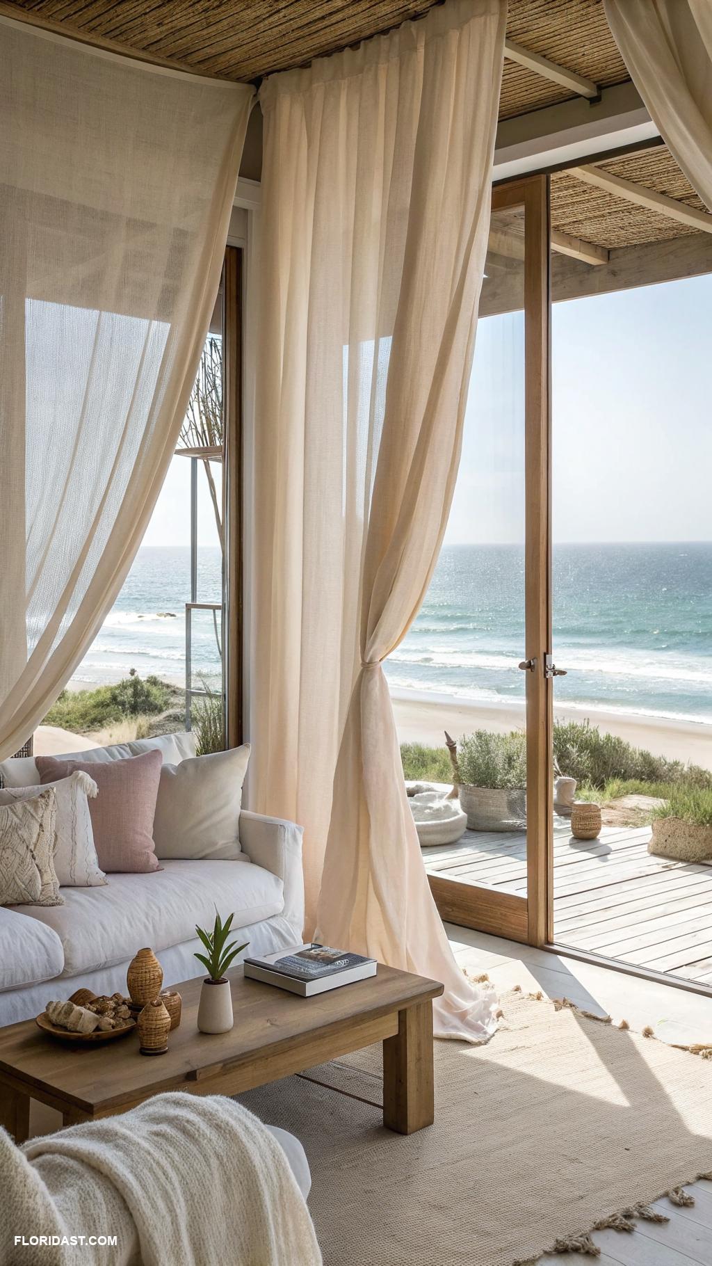 beach house interior design Light linen curtains for airy feel