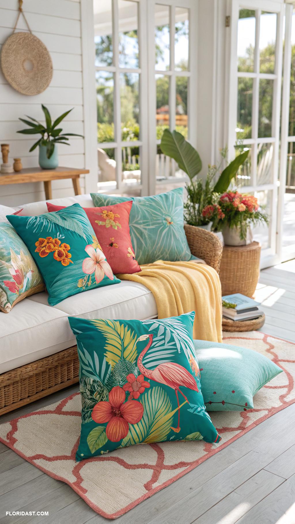 beach house interior design Lively tropical prints on pillows and fabrics