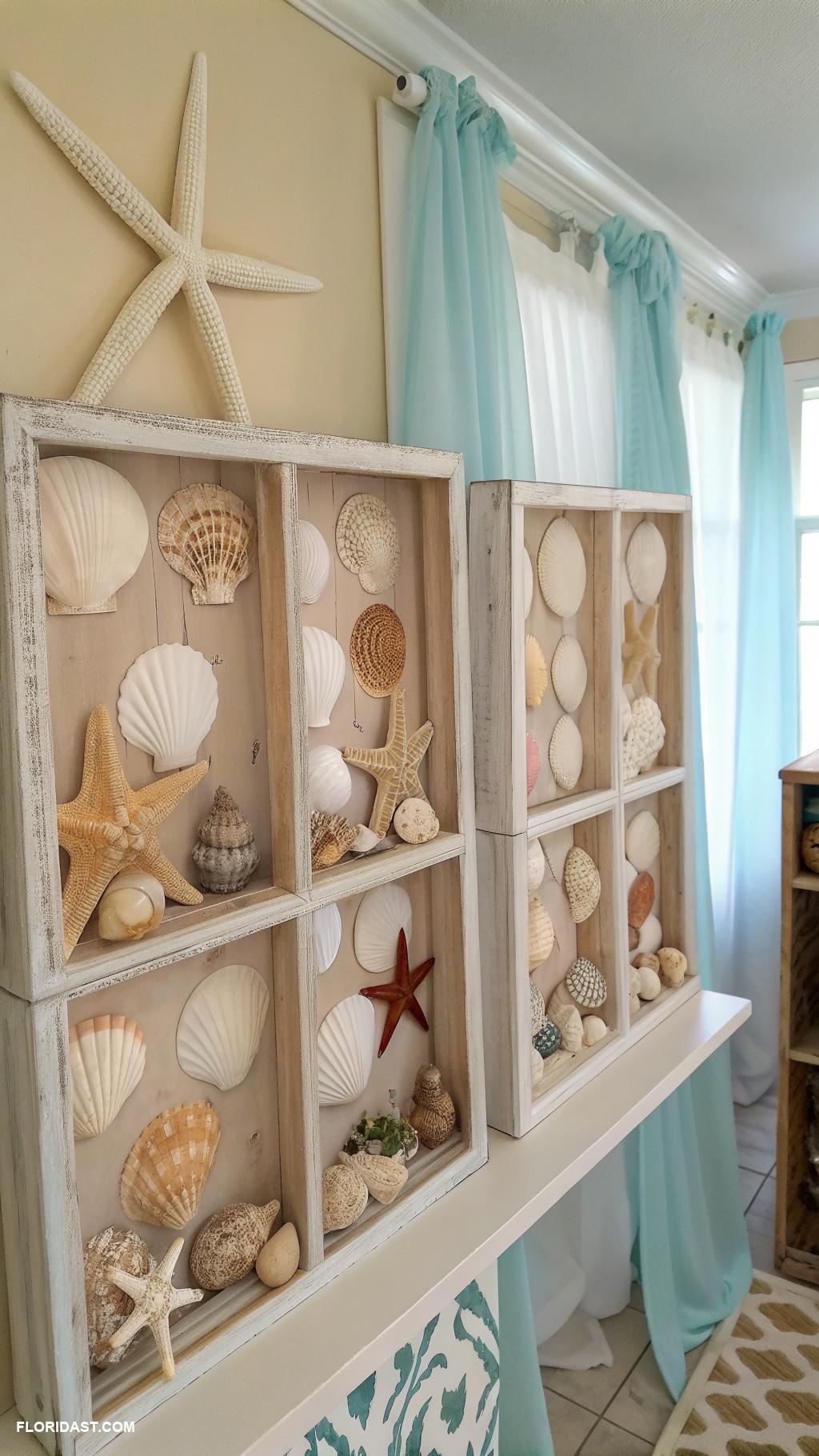 beachy room Shell collections displayed in shadow boxes