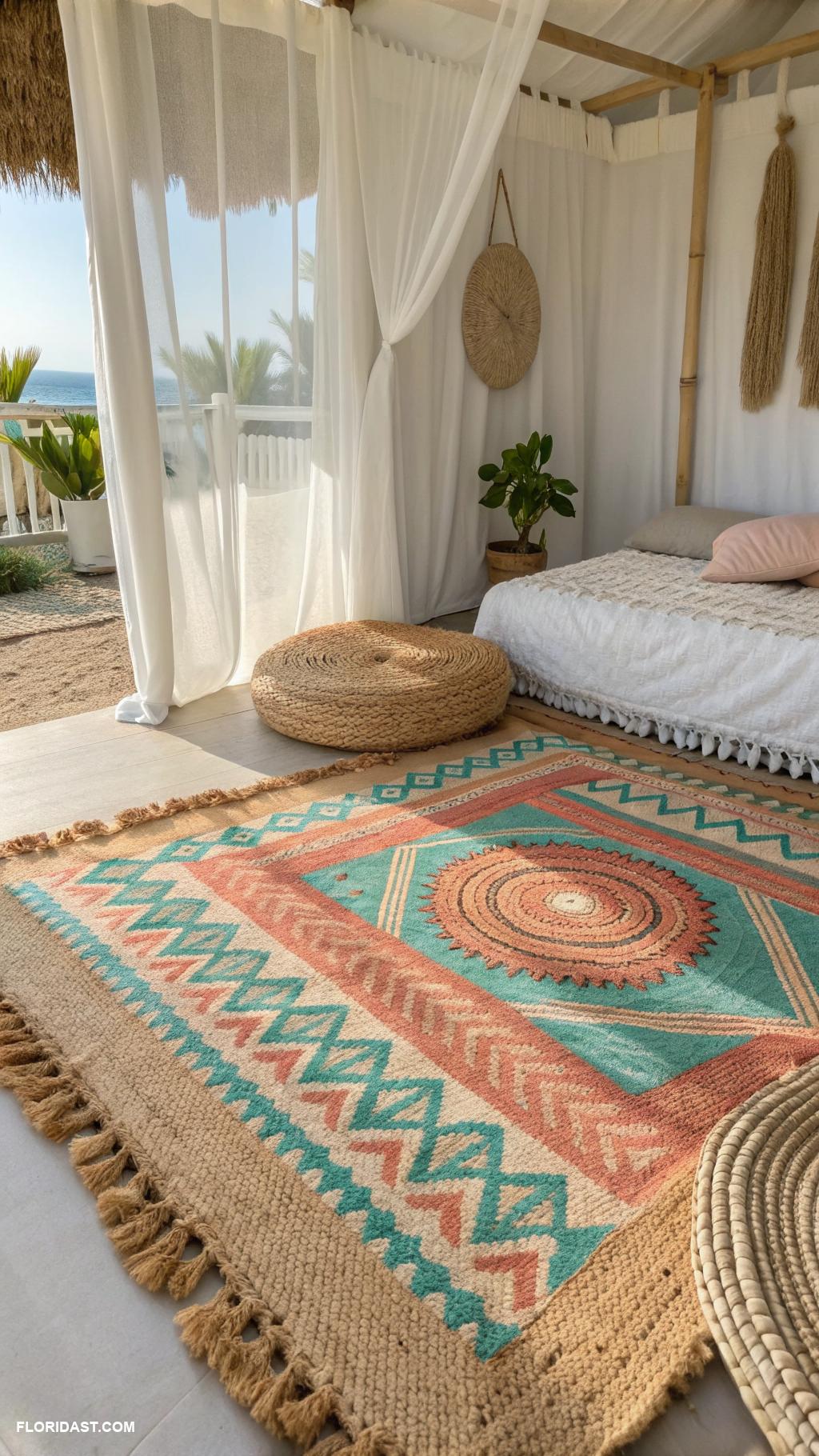 boho beachy bedroom ideas Layered textile rugs for added comfort