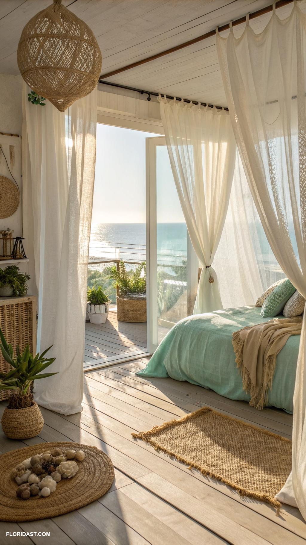 boho beachy bedroom ideas Lightweight linen curtains for airy feel
