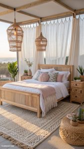 boho beachy bedroom ideas Natural wood furniture for organic vibes