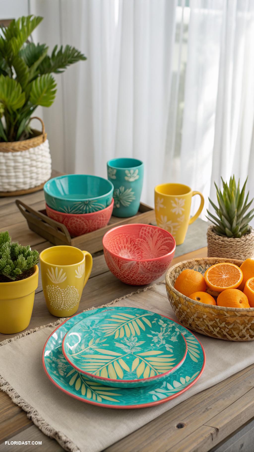 coastal boho kitchen Brightly colored dishware for accents