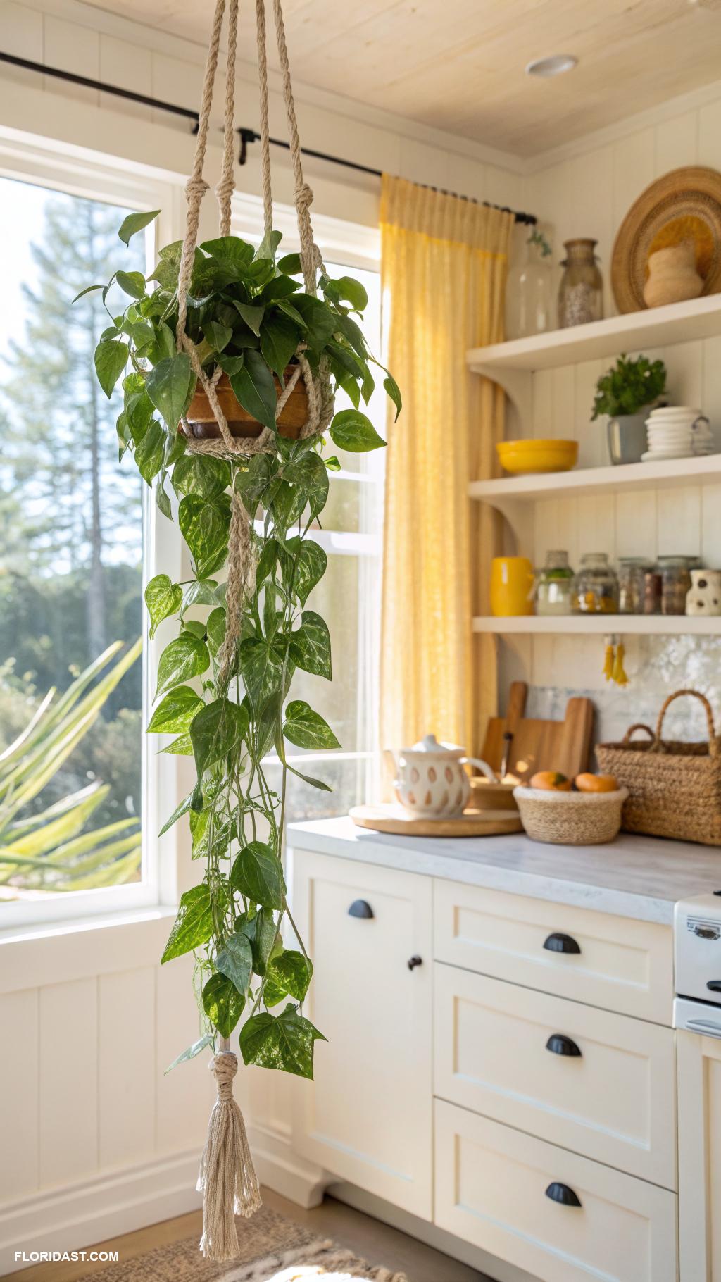 coastal boho kitchen Hanging plants for a tropical vibe