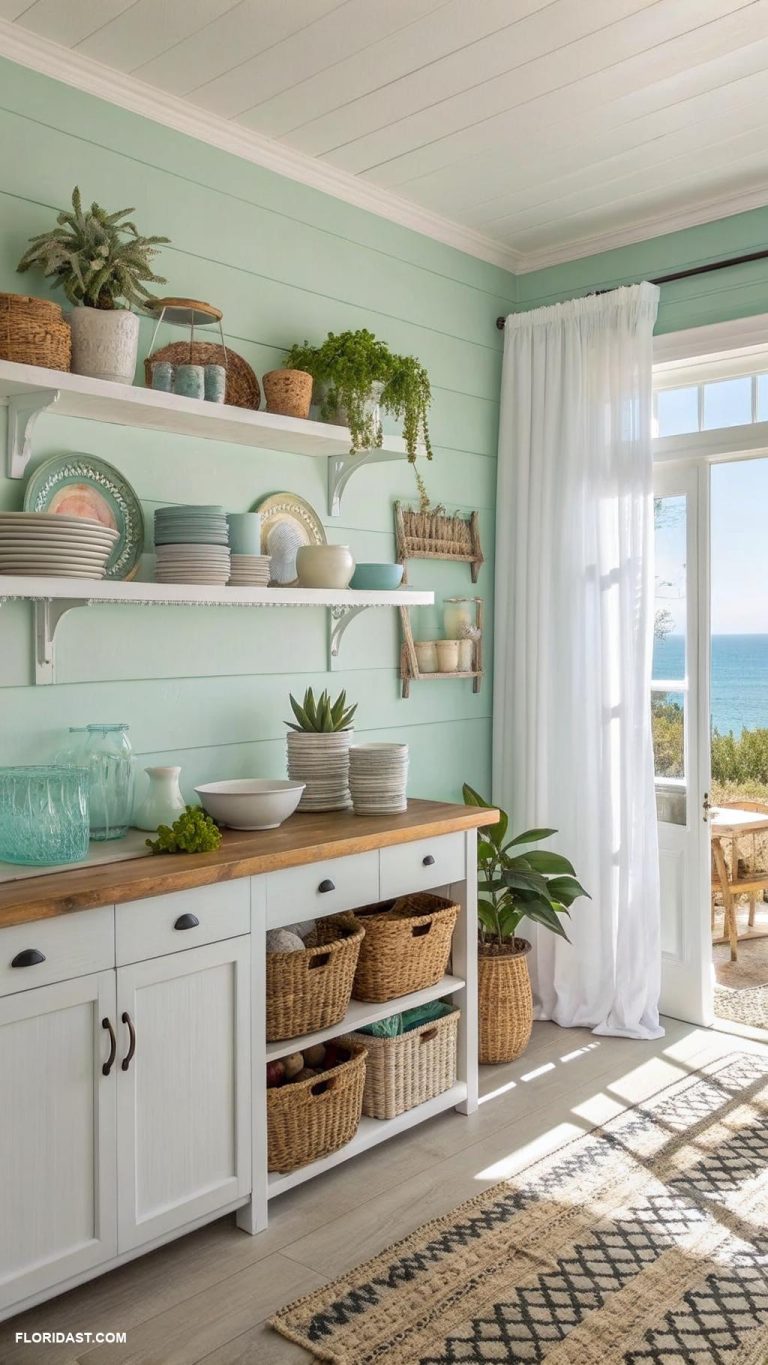 coastal boho kitchen Open shelving for easy access