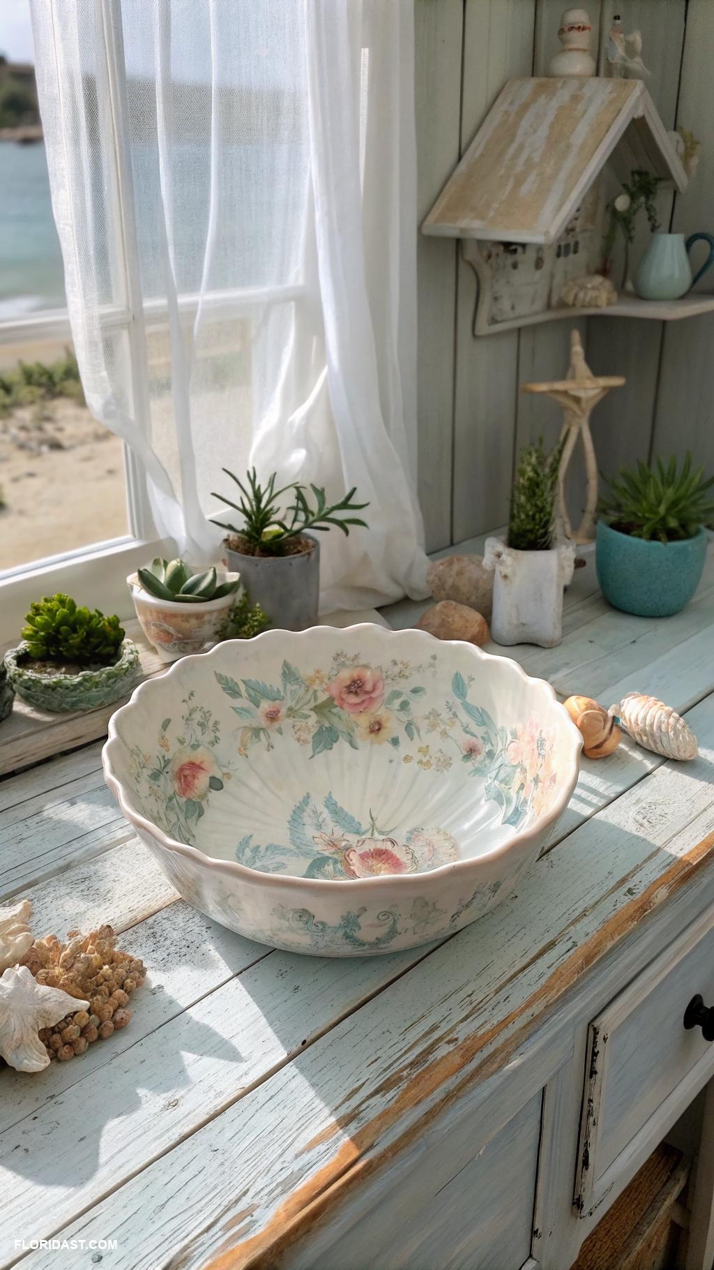 coastal boho kitchen Vintage dishes displayed prominently