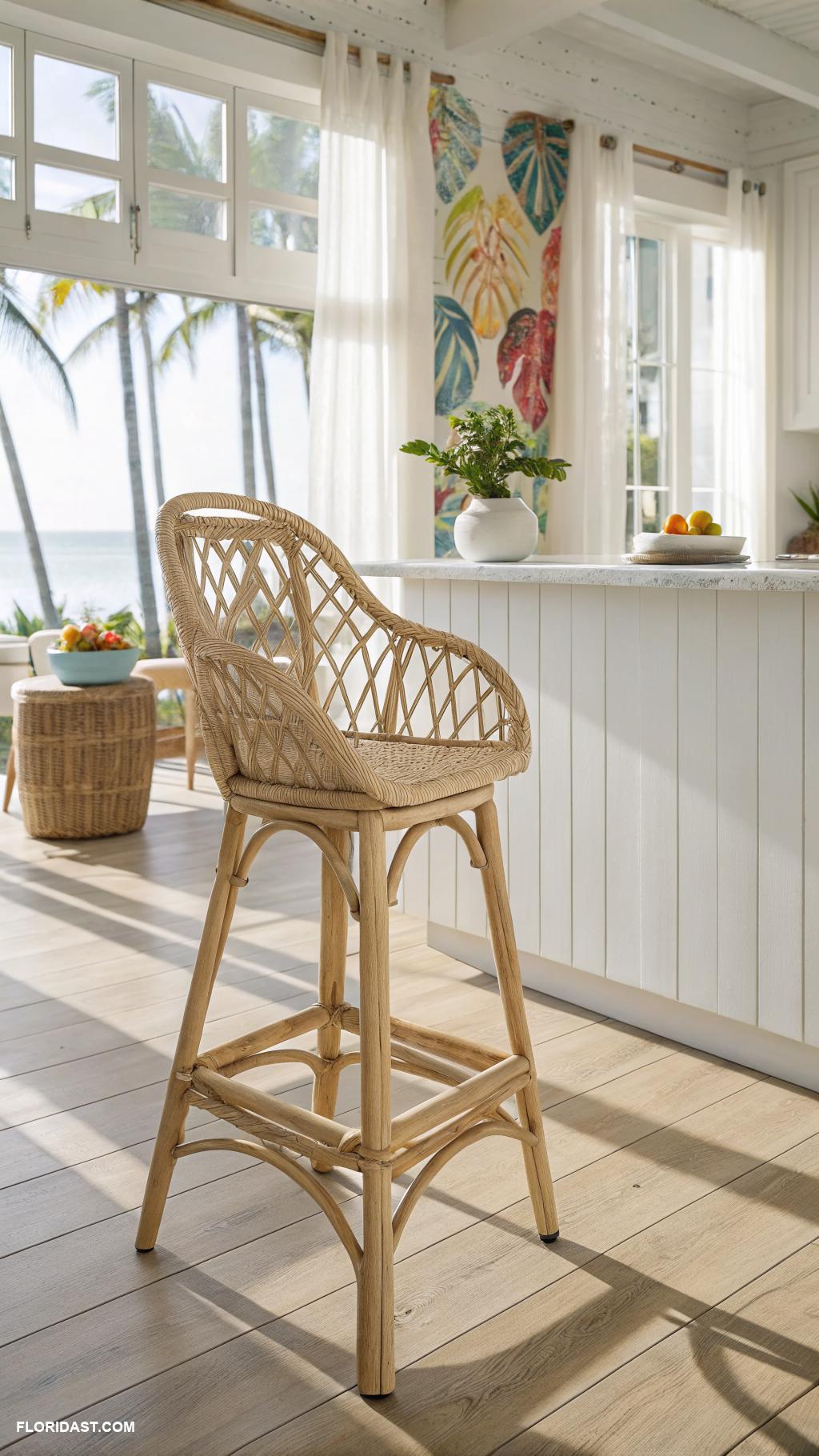 coastal boho kitchen Woven rattan bar stools