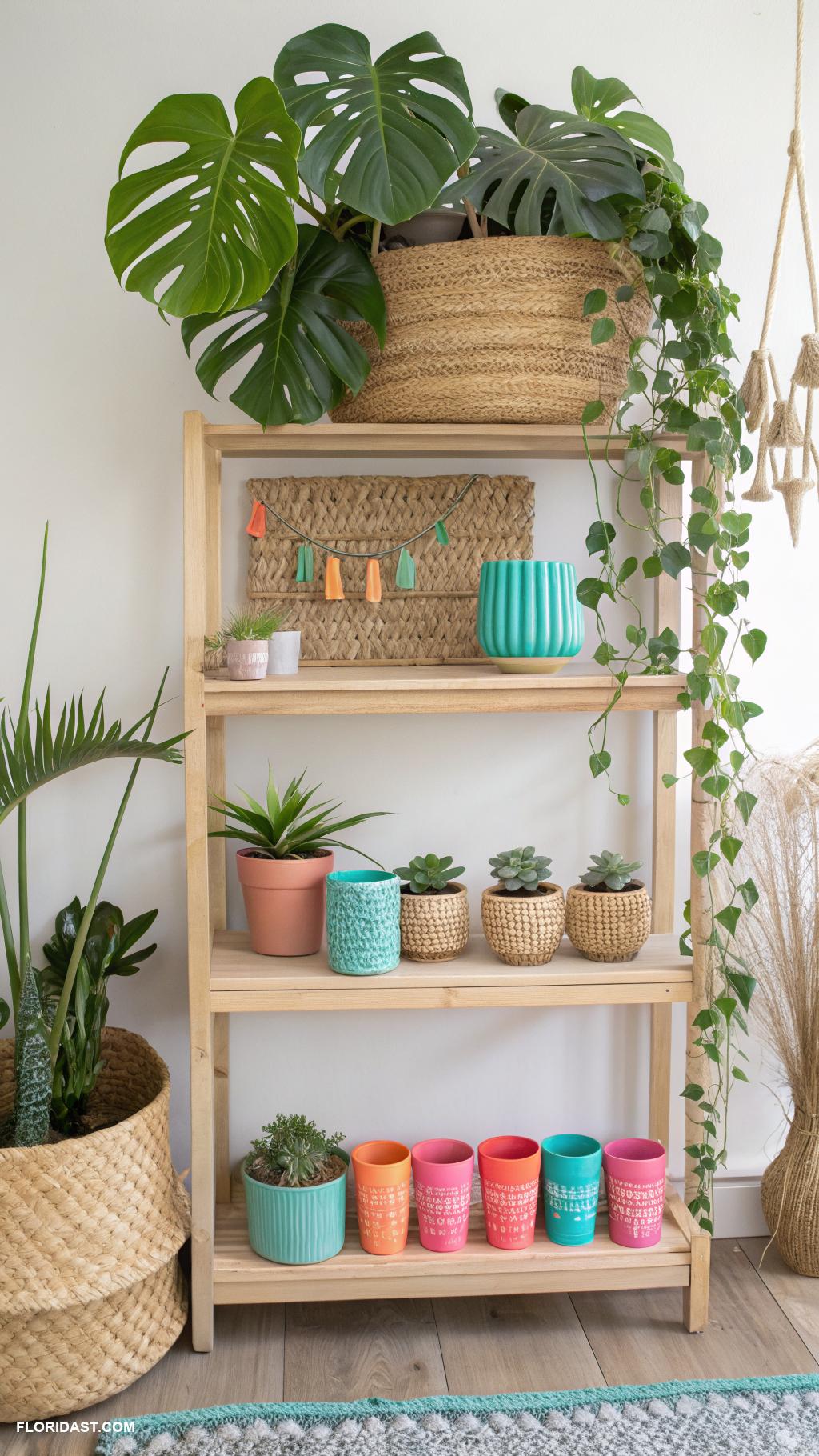 coastal bookshelf decor Colorful tropical plant decor on shelves