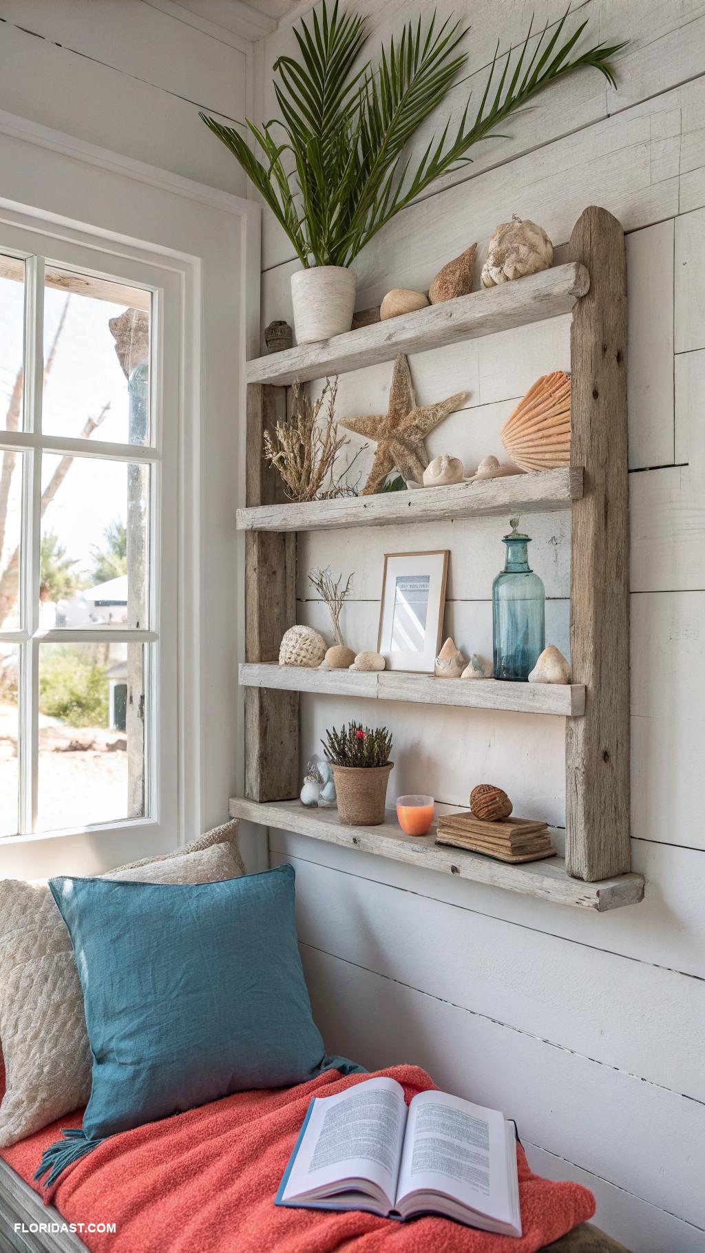 coastal bookshelf decor Driftwood shelves for natural coastal appeal
