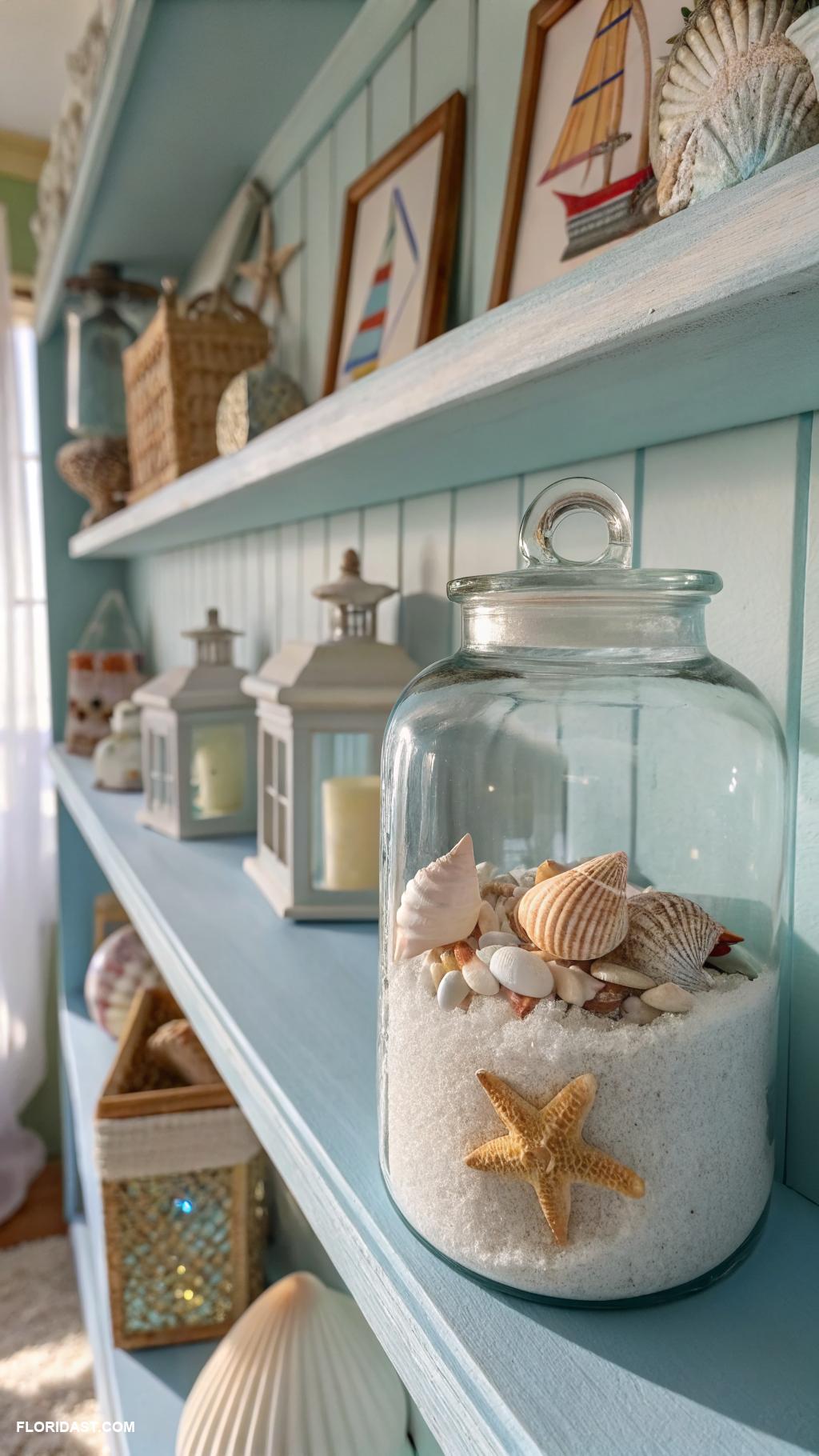coastal bookshelf decor Glass jars filled with sand and shells