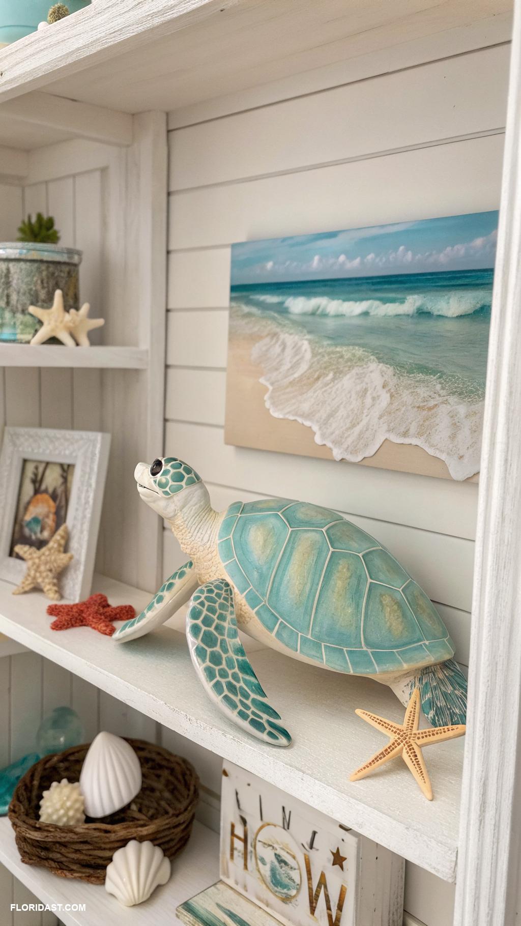 coastal bookshelf decor Marine life figurines as decorative accents