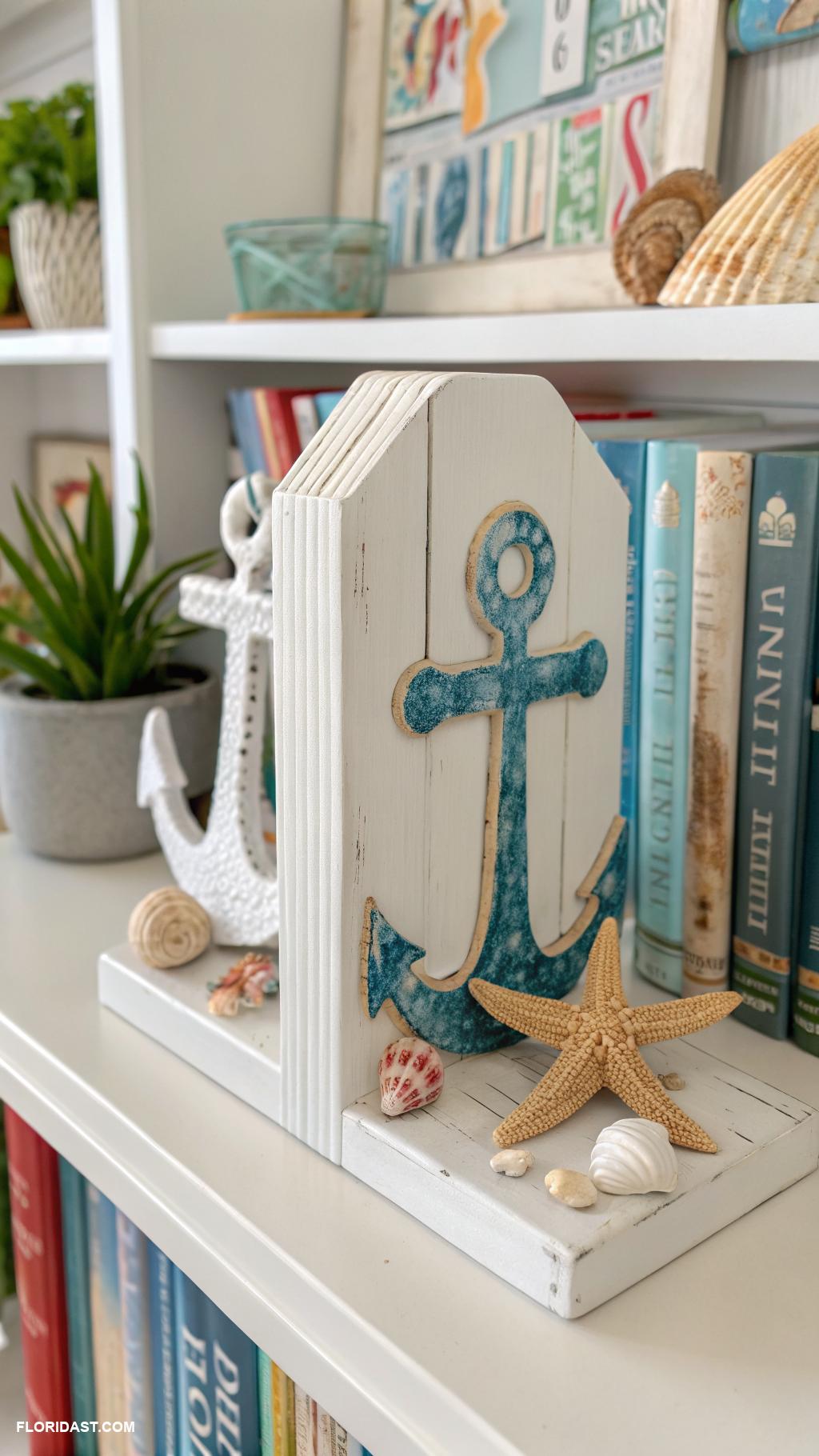 coastal bookshelf decor Nautical themed bookends with anchors