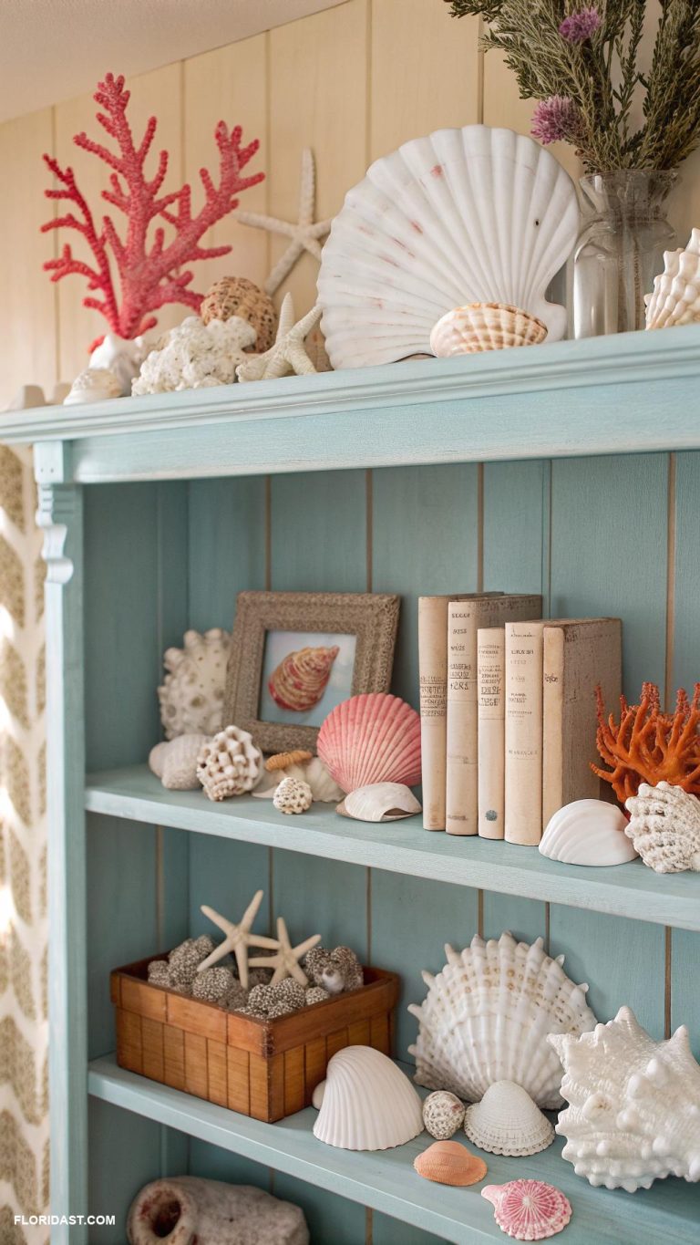 coastal bookshelf decor Seashell and coral arrangements on shelves