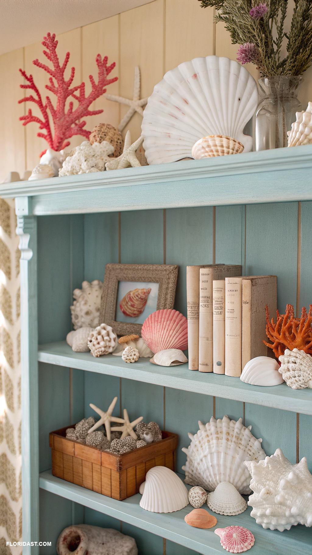coastal bookshelf decor Seashell and coral arrangements on shelves