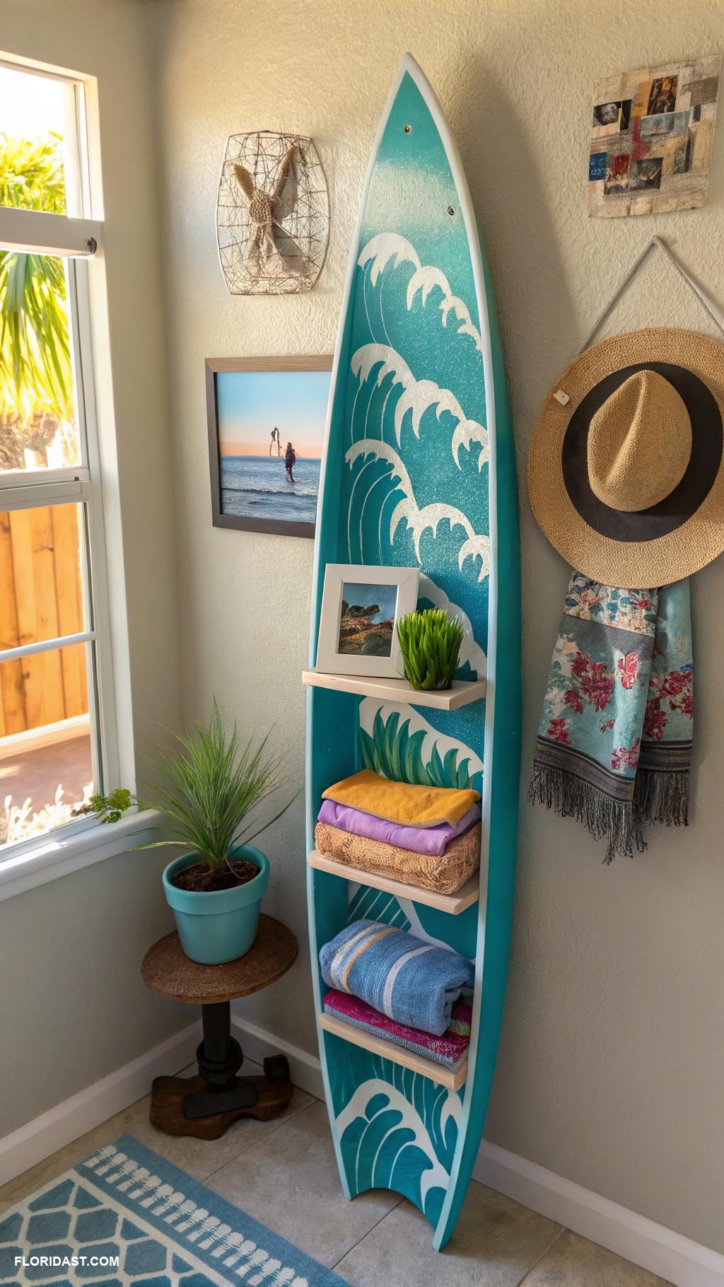 coastal bookshelf decor Surfboard shaped shelves for unique decor