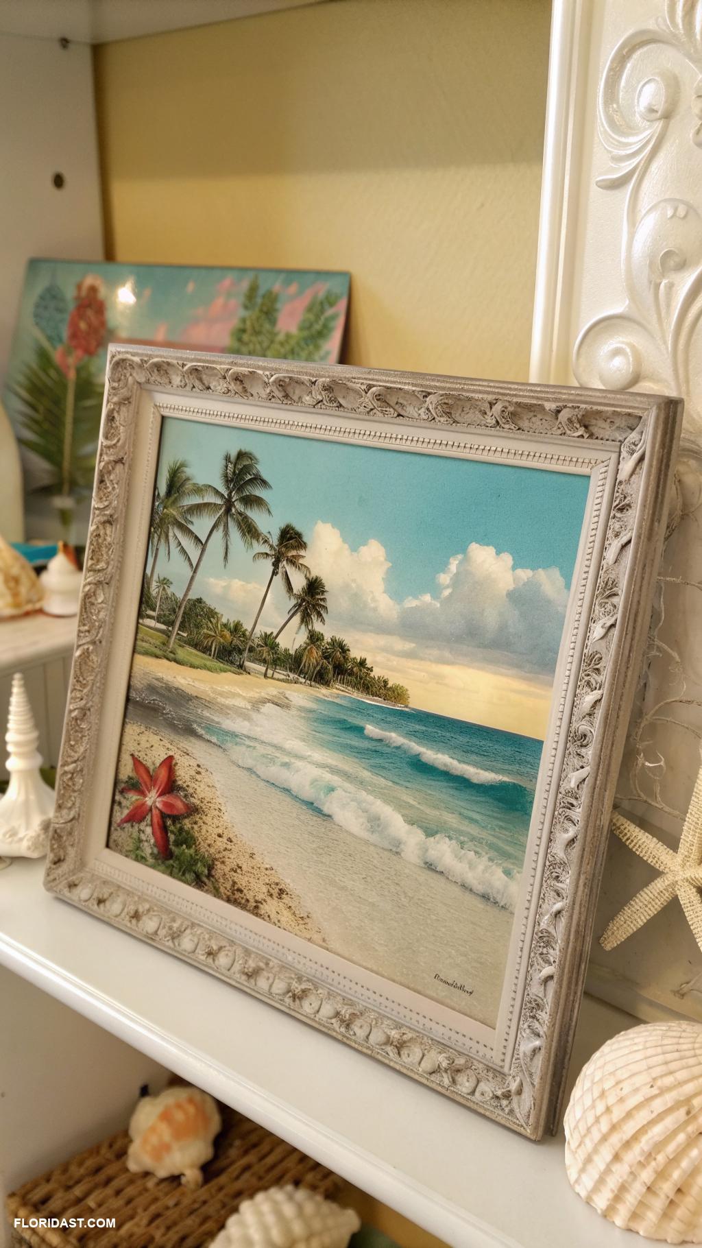 coastal bookshelf decor Vintage Florida postcards framed as art