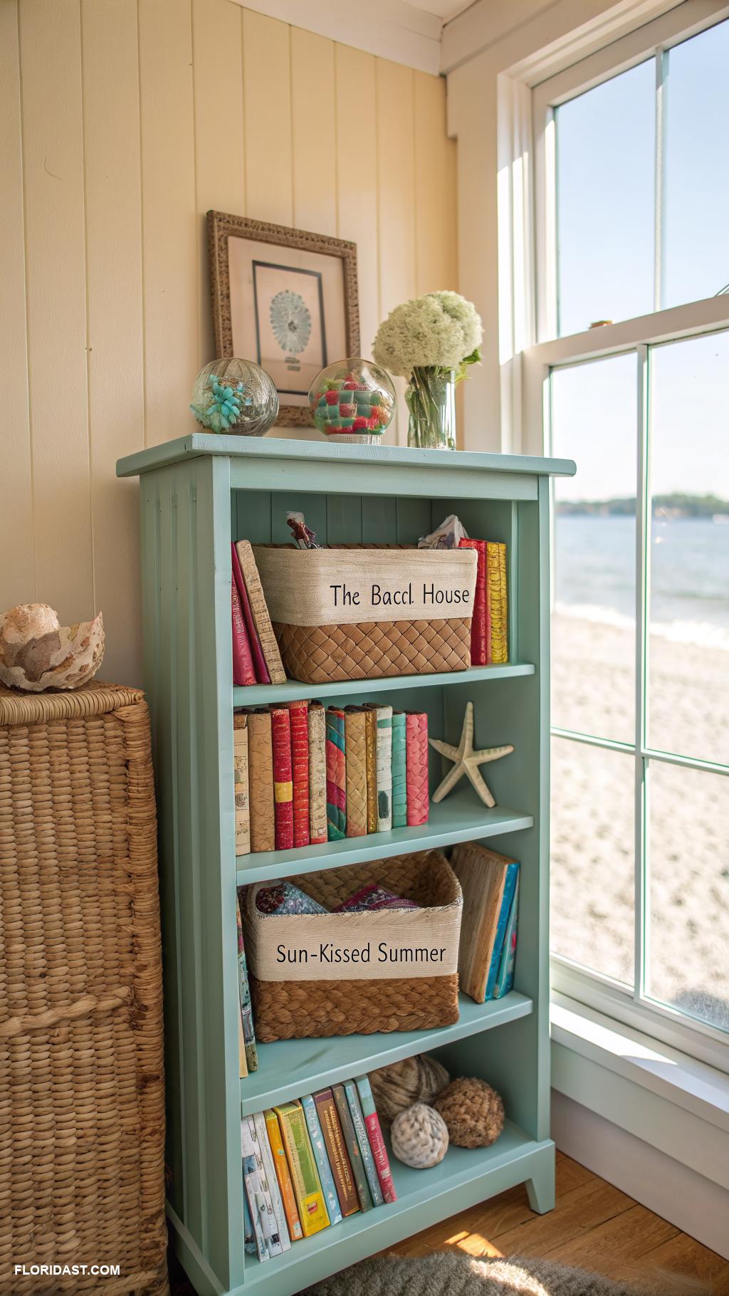 coastal bookshelf decor Woven baskets for organizing beach reads
