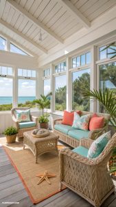 coastal sun rooms Sun room with rattan furniture and pillows