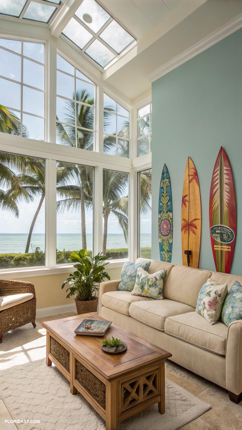 coastal sun rooms Sun room with surfboard wall art