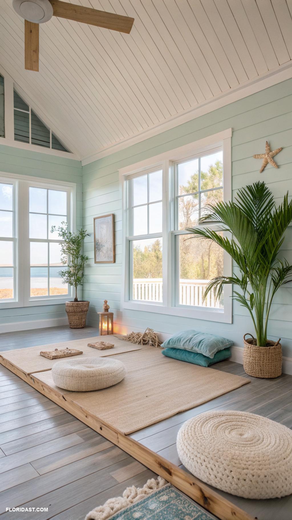 coastal yoga rooms Natural wood accents for warmth