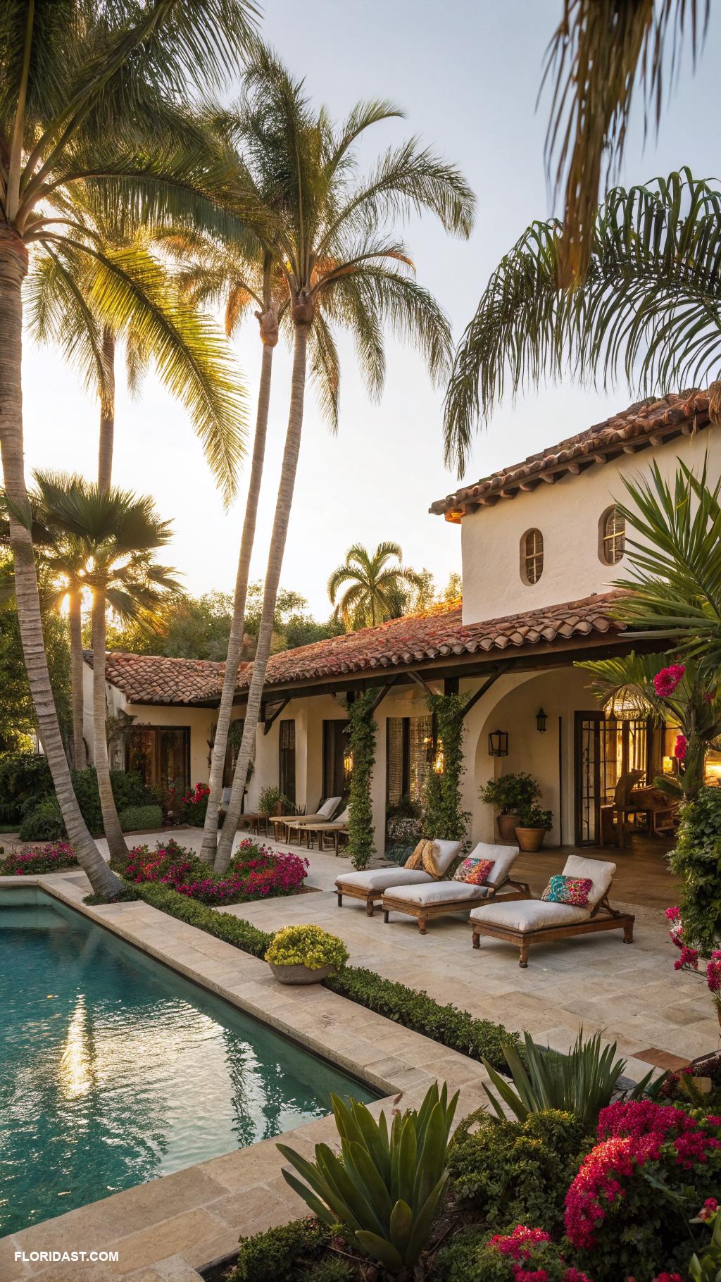 hacienda style homes Swaying palms surround a tranquil pool area